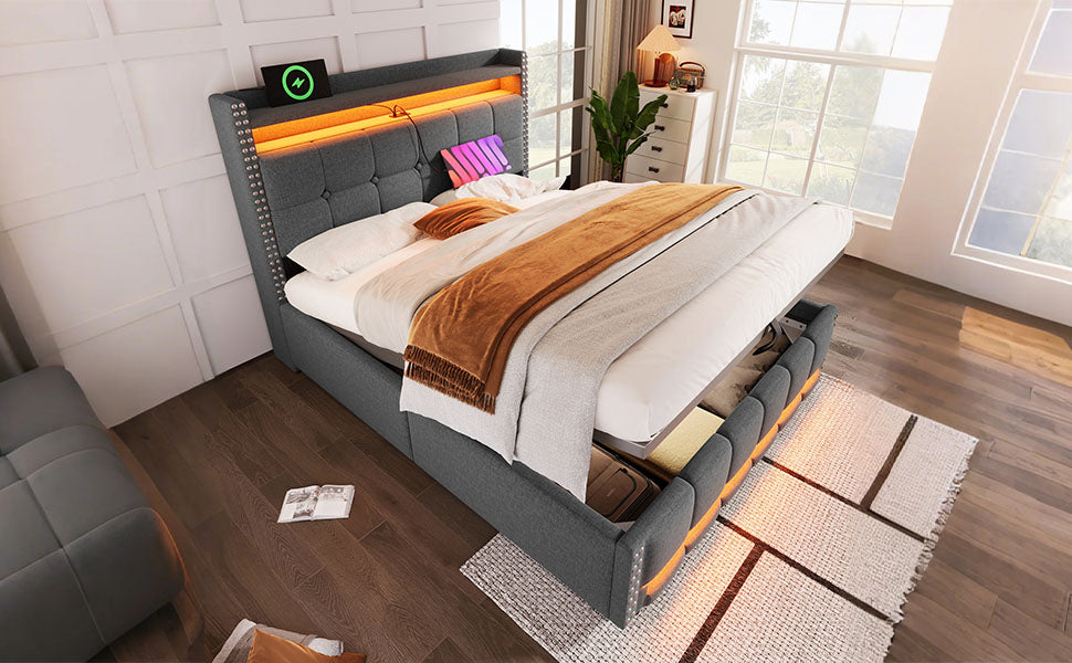 Upholstered Bed 160*200cm, LED & USB, Hydraulic Storage, Linen Fabric Gray