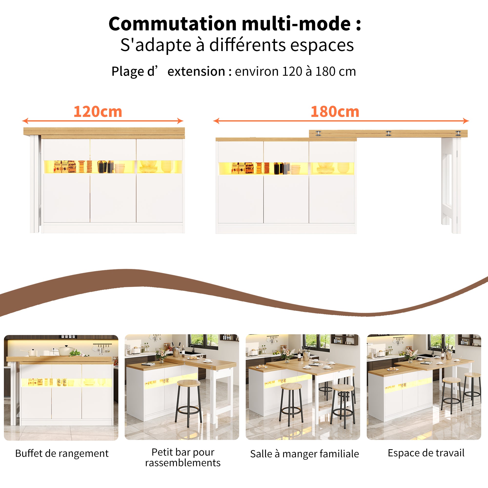 Extendable Bar Table with LED Lighting and 360° Swivel, 120-180cm Adjustable Length, White