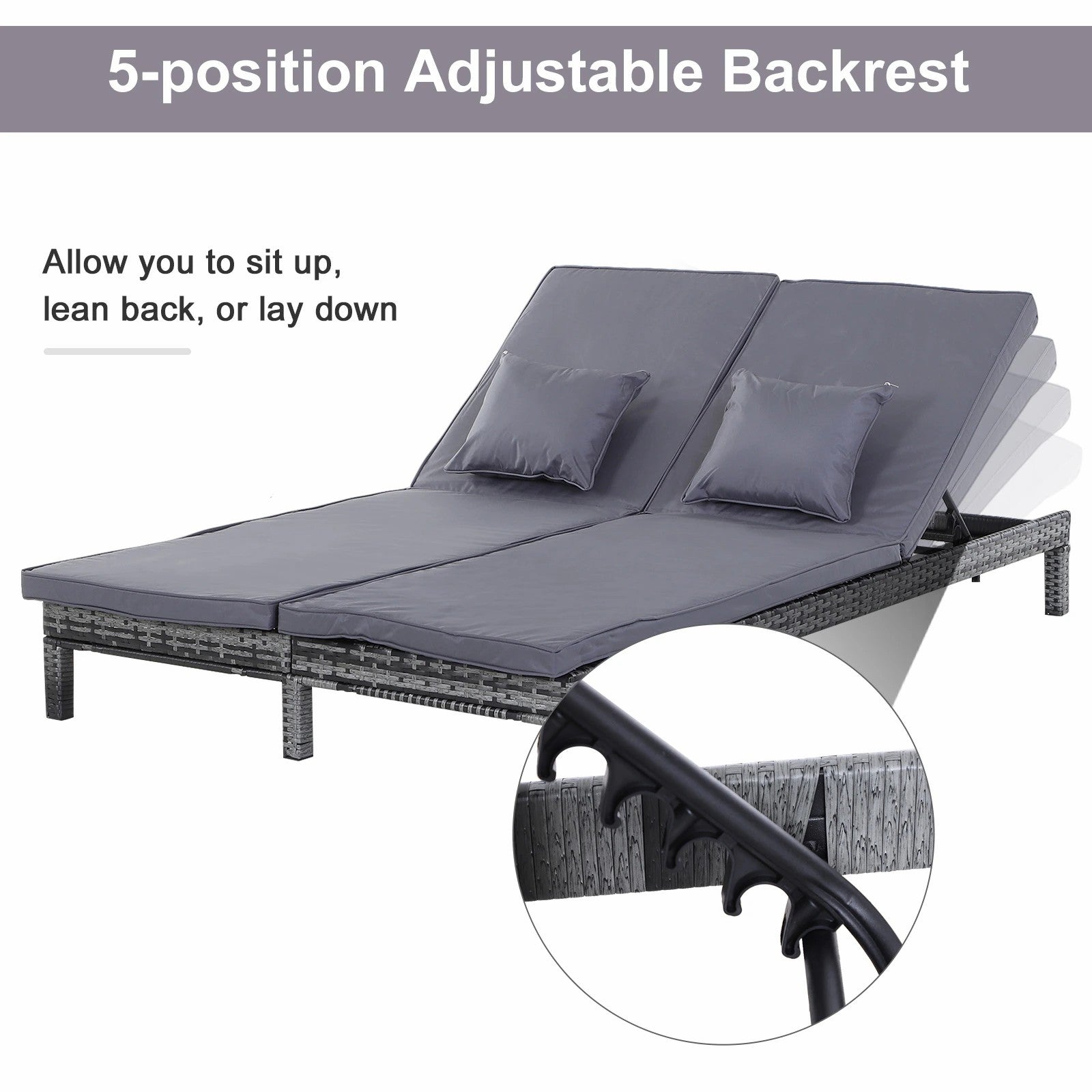2 Seater Rattan Lounger Adjustable Double Chaise with Cushion - Grey