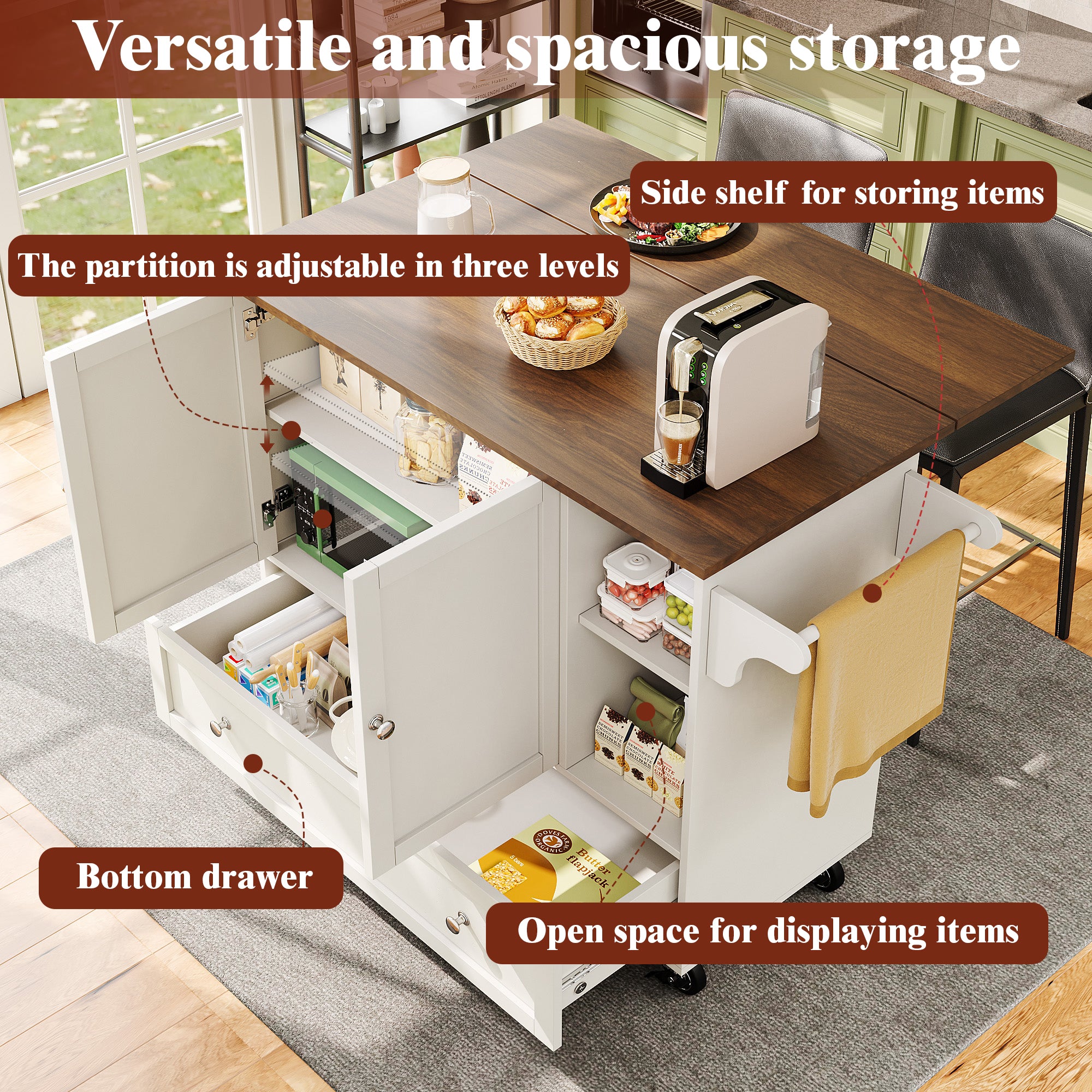 Kitchen Trolley, Removable Dining with Open Storage & Towel Rail, White Wood Grain