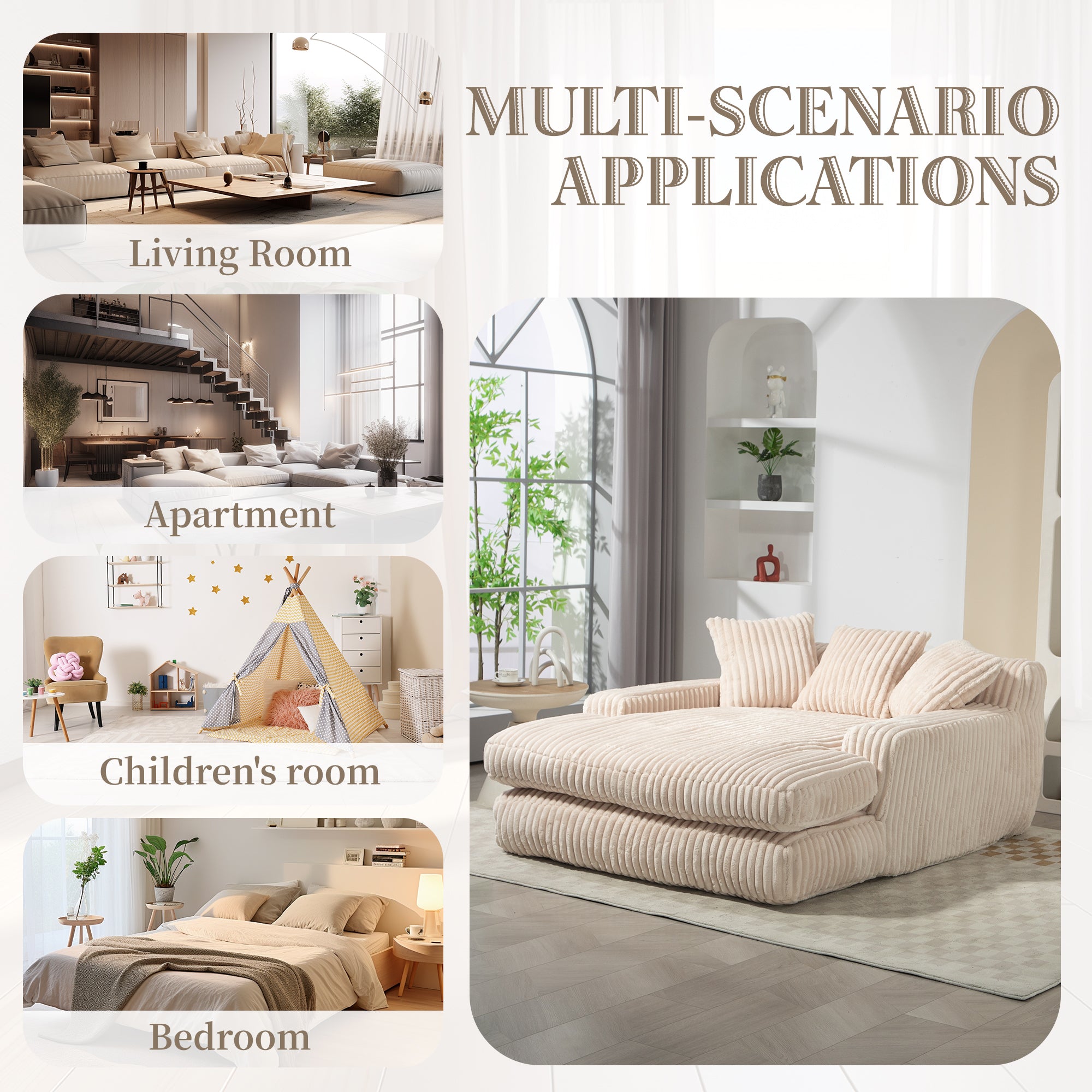 GOMYWAY Oversized Chaise Lounge Sofa Upholstered with 3 Throw Pillows, Beige