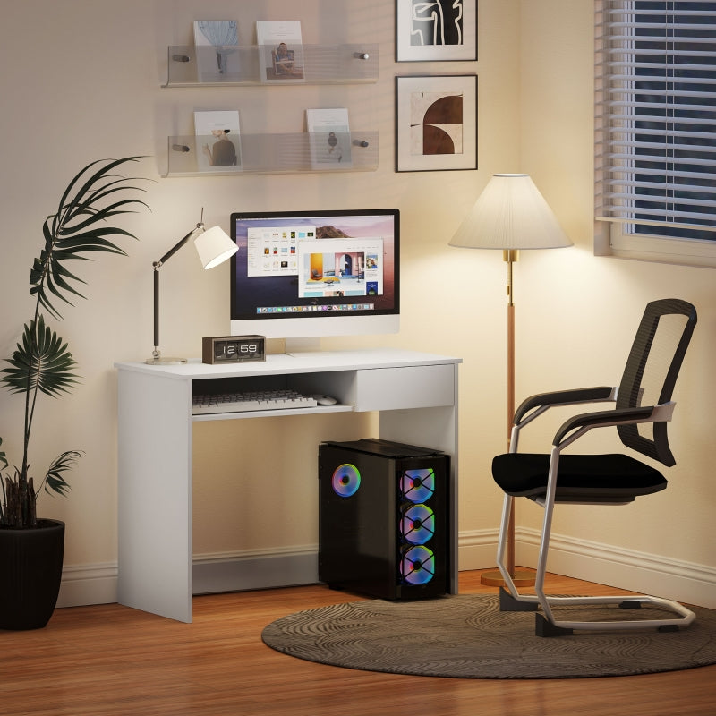 Computer Desk Compact 100cm with Keyboard Tray and Drawer, White