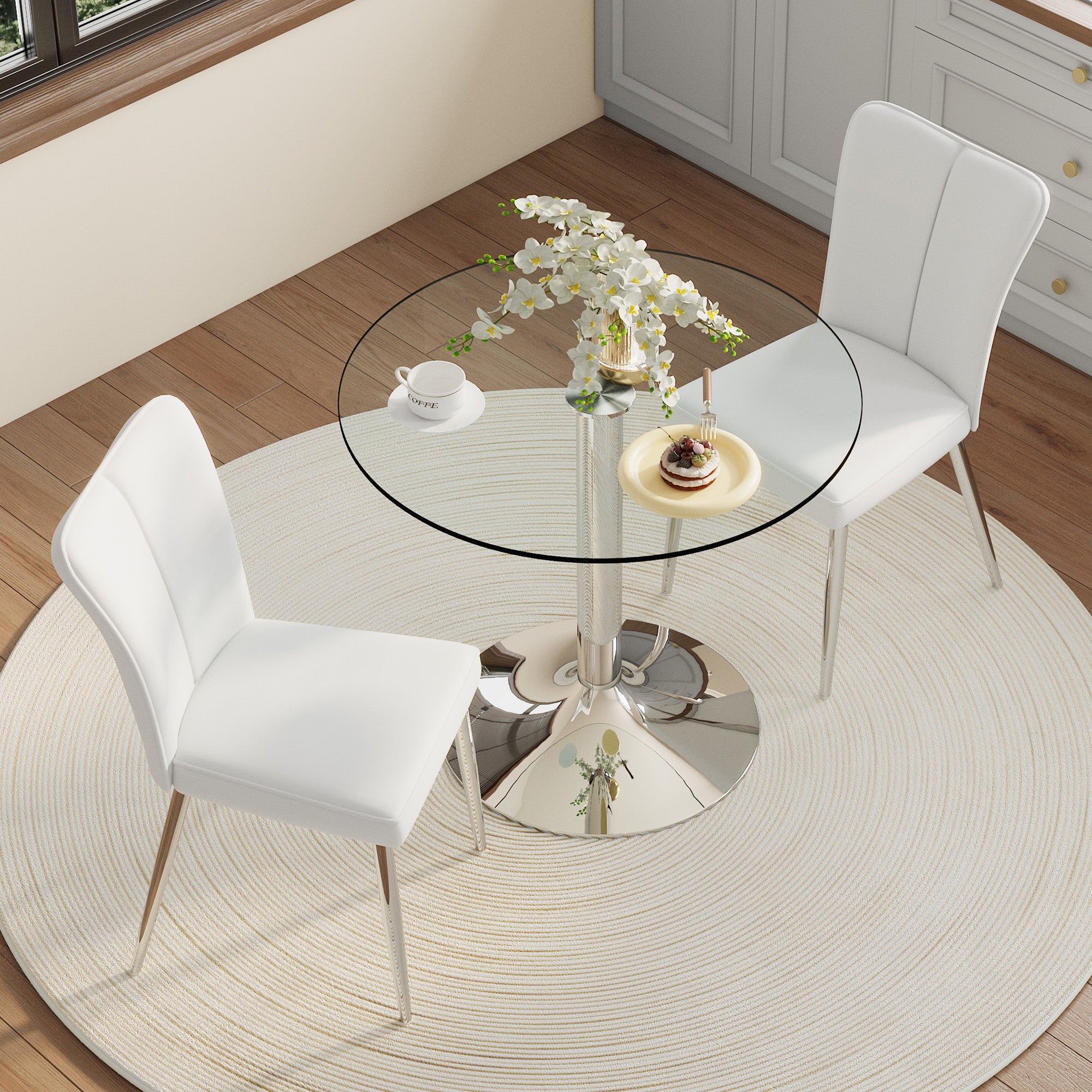 Dining Table Set, Minimalist 85cm Tempered Glass Table with 2 PU Chairs, White