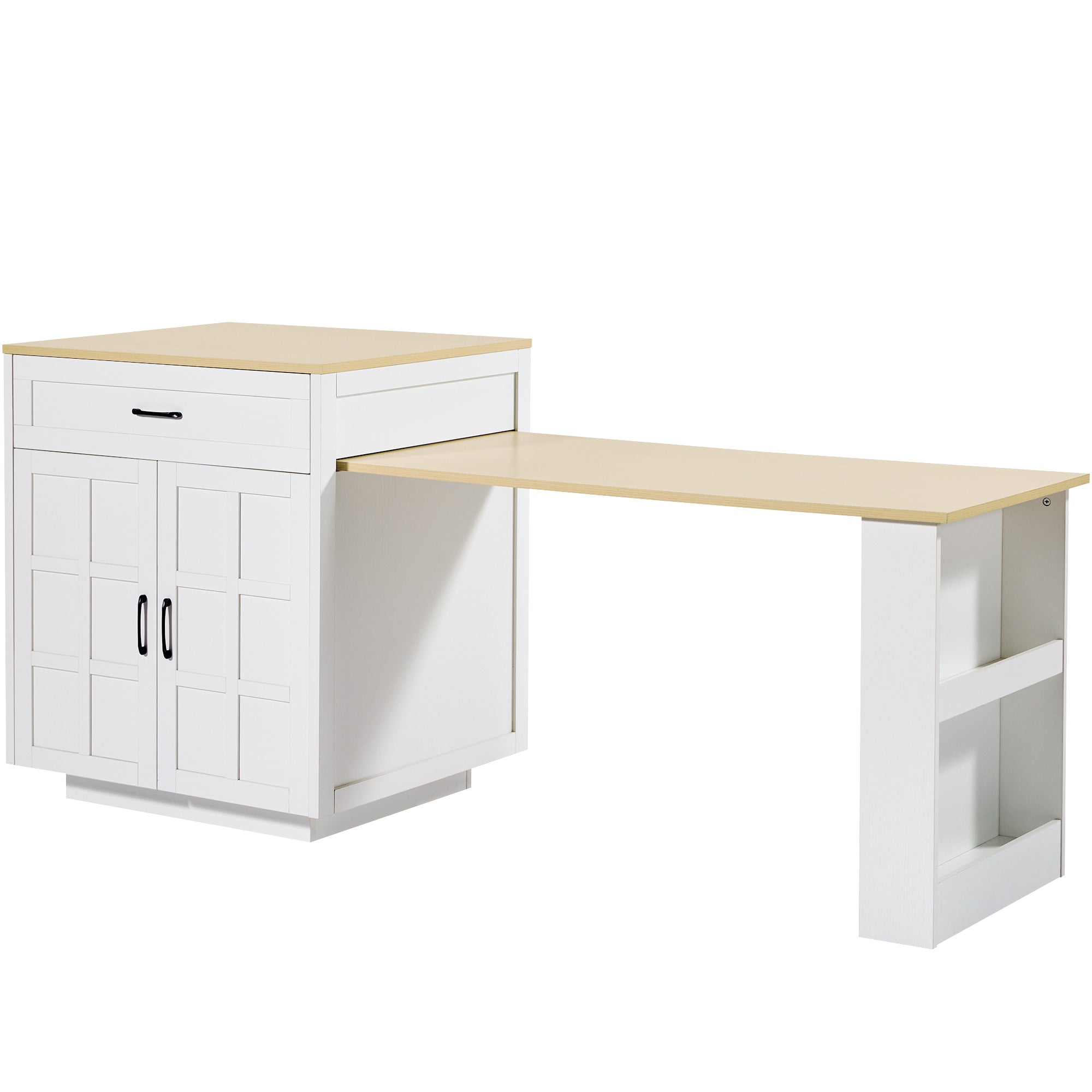 Extendable Bar Table Storage Drawers Shelves Kitchen Island - White