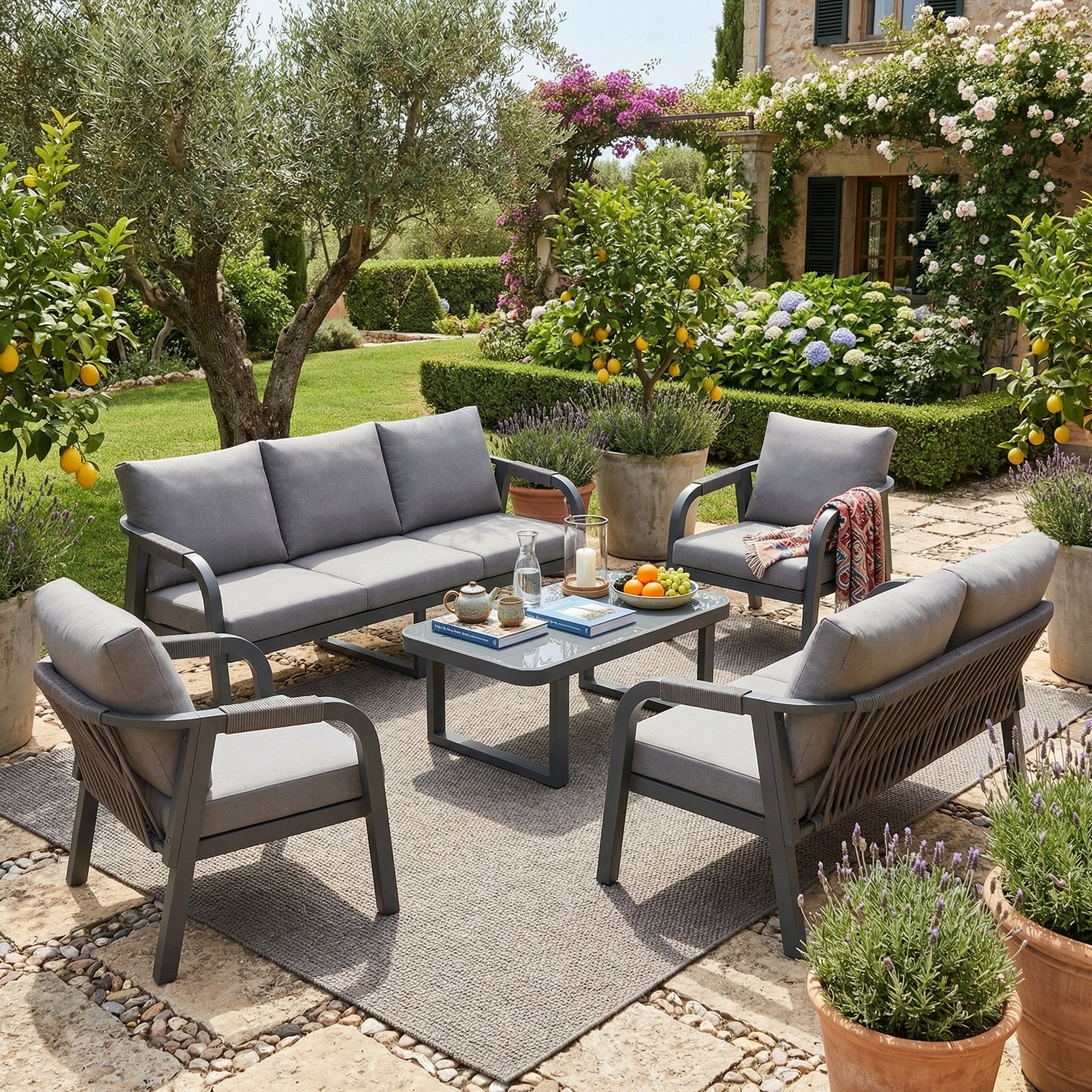 Garden Lounge Set, 7-Seater with Sofas, Armchairs and Coffee Table, Woven Rope and Galvanized Iron, Grey