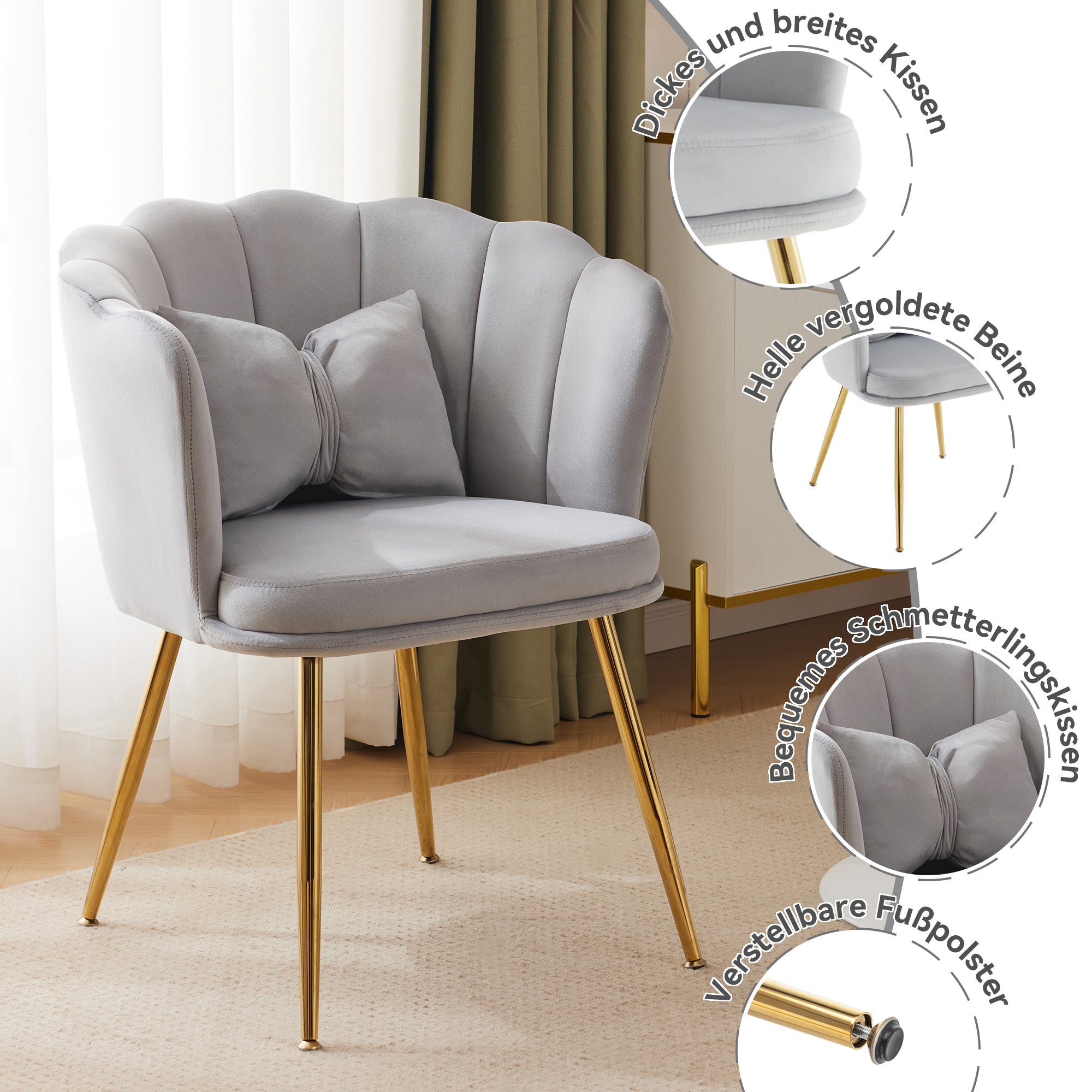 Velvet Chairs, Set of 6 Modern Upholstered with Petal Backs & Butterfly Cushions, Gold-Plated Metal Legs