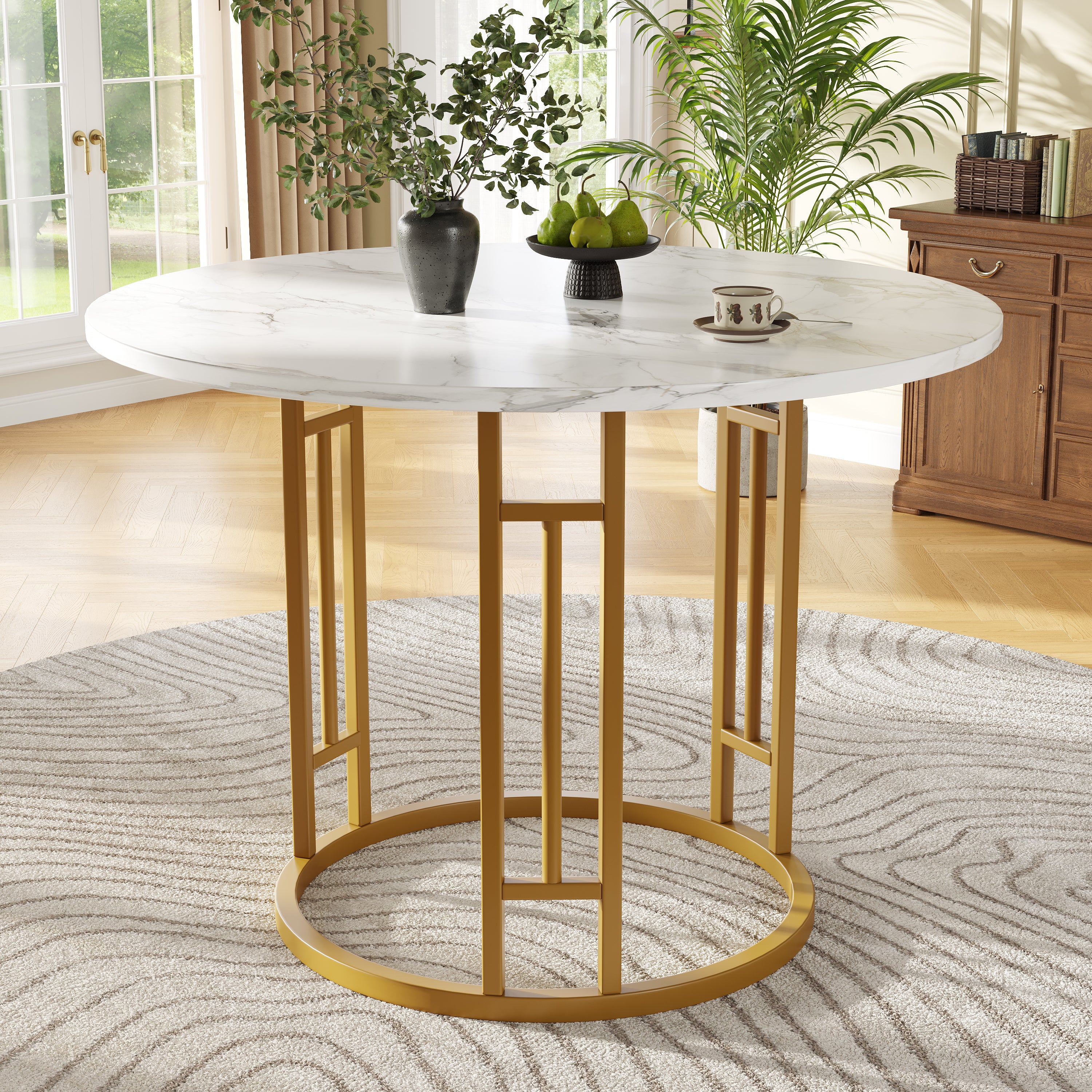 Round Dining Table 80x76cm 4-Person Marble Tabletop Metal Legs Gold