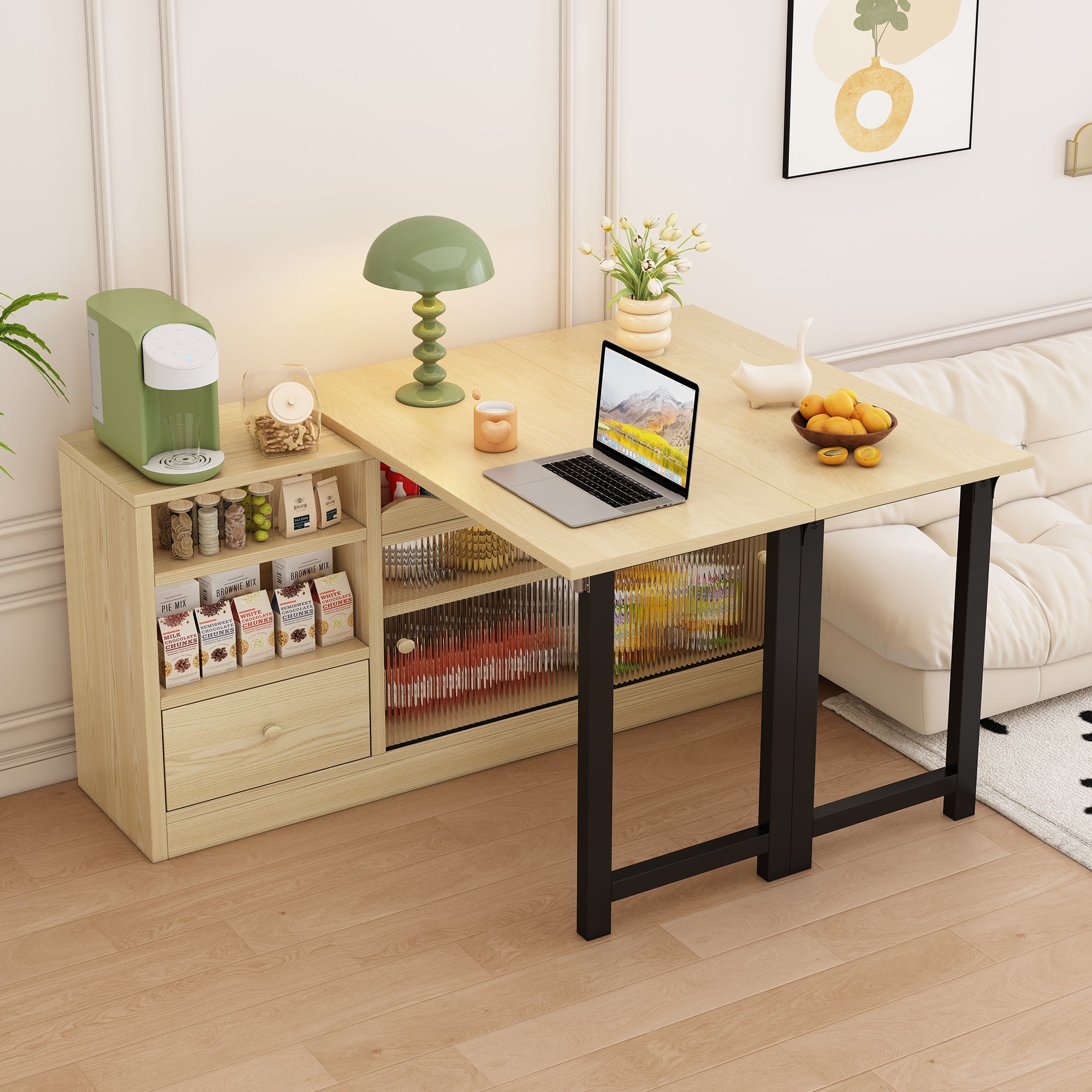 Extendable Folding Dining Table with Storage & 360° Rotation - Natural/Black