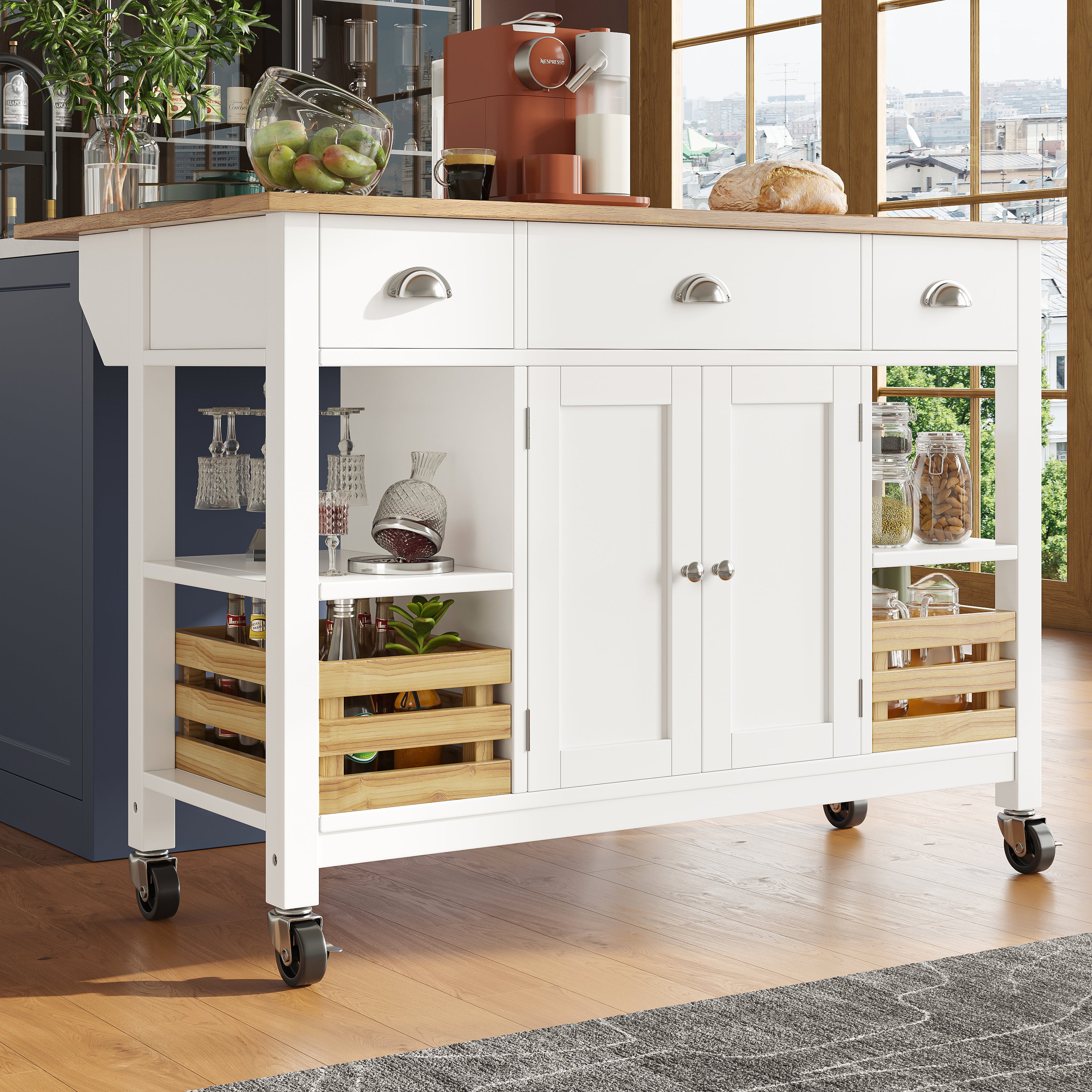 Kitchen Island Multifunctional Dining Table Trolley Cabinet Pine Storage Basket 120x45x90cm - White