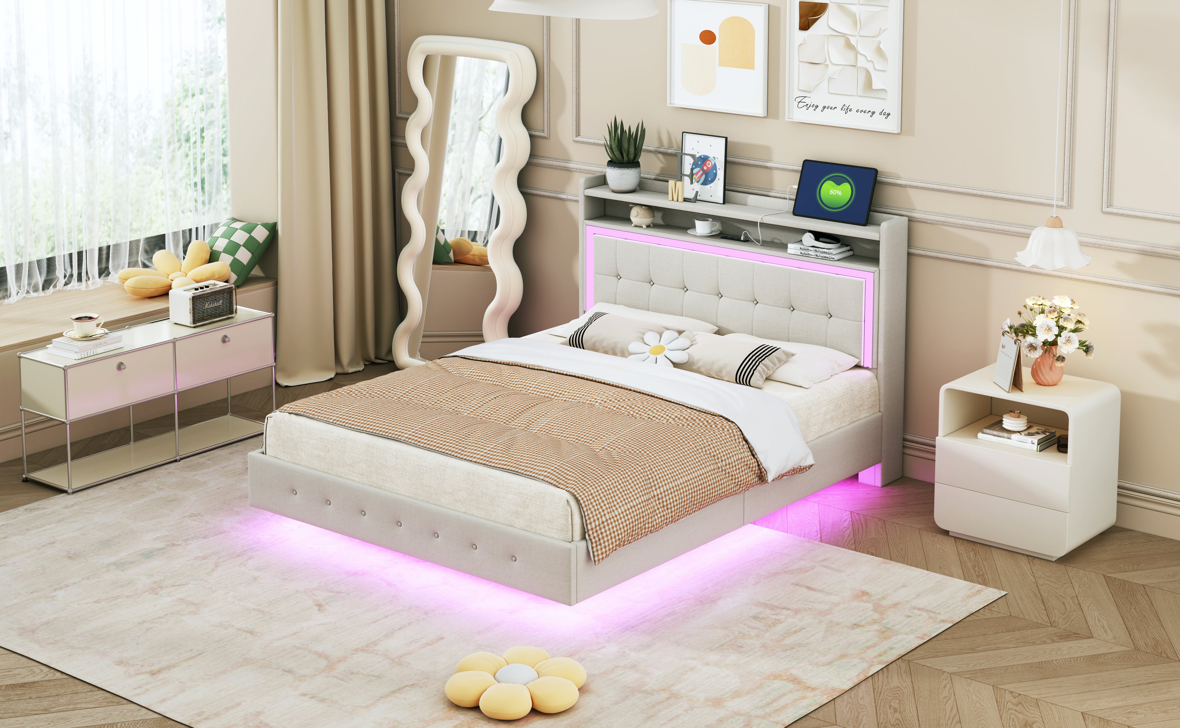 Upholstered Bed 140*200 with USB & LED Light, Linen Beige