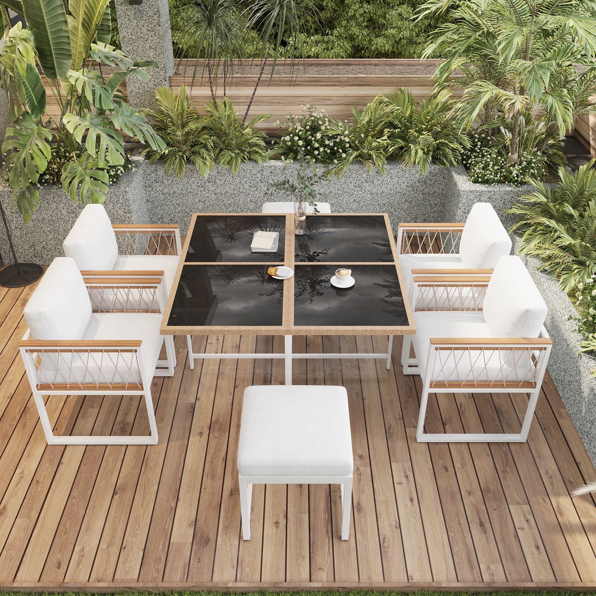 7-Piece Garden Furniture Set 6-Seater Tempered Glass WPC - Outdoor