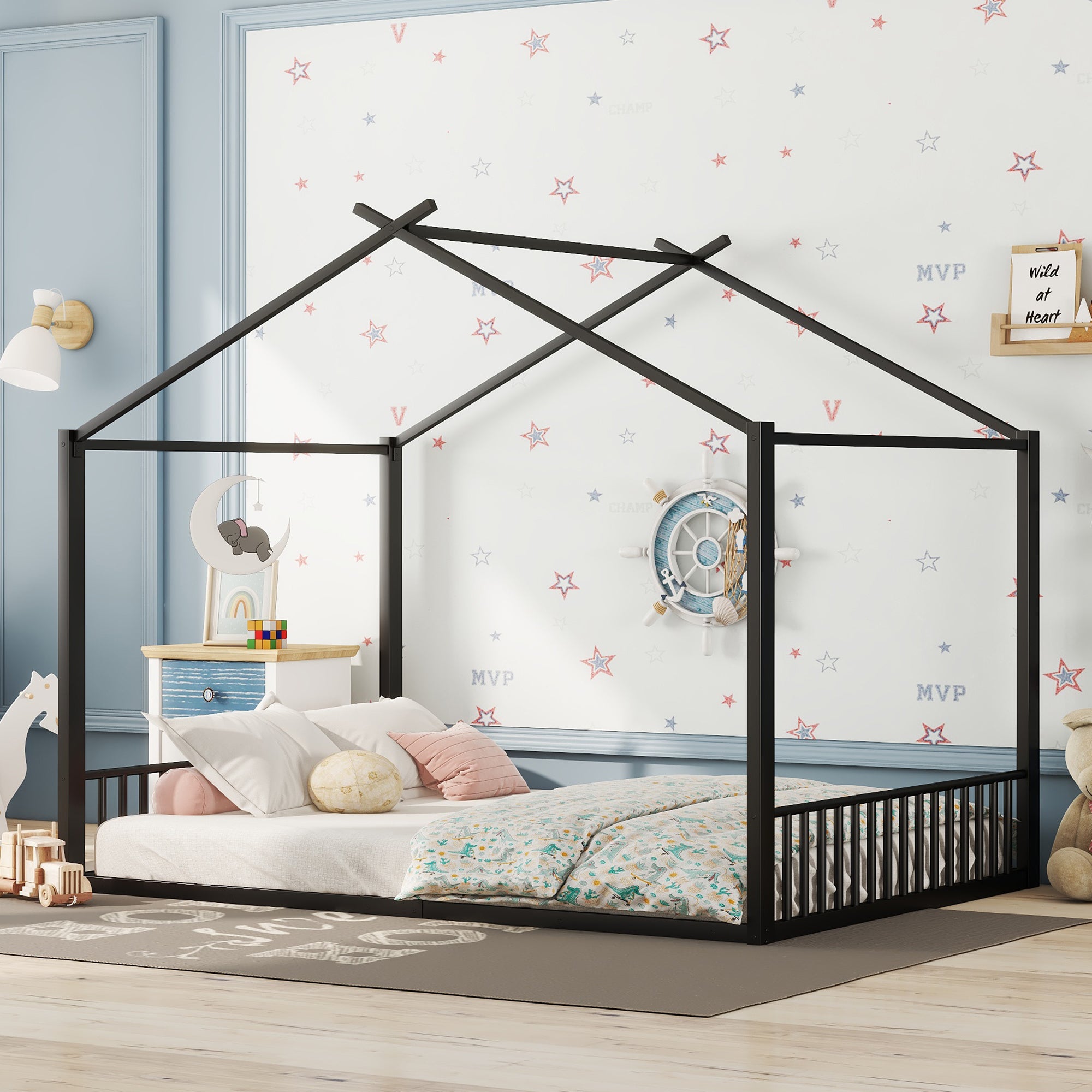 Children's Bed, 140x200cm House Rail Iron Frame, Black