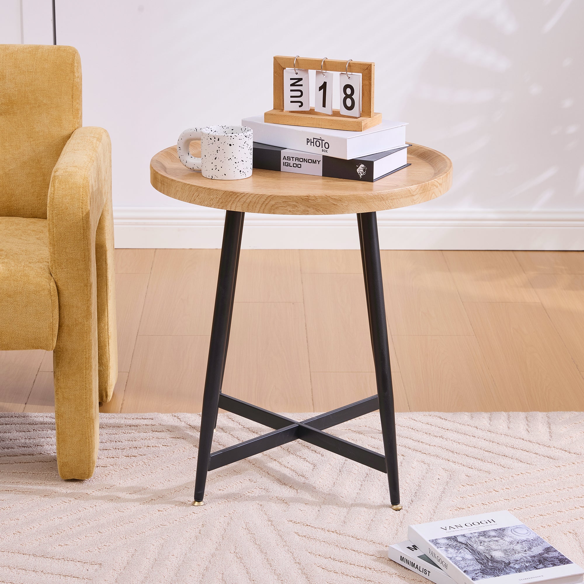 Round Side Table Modern Minimalist Compact - Wood/Metal Frame