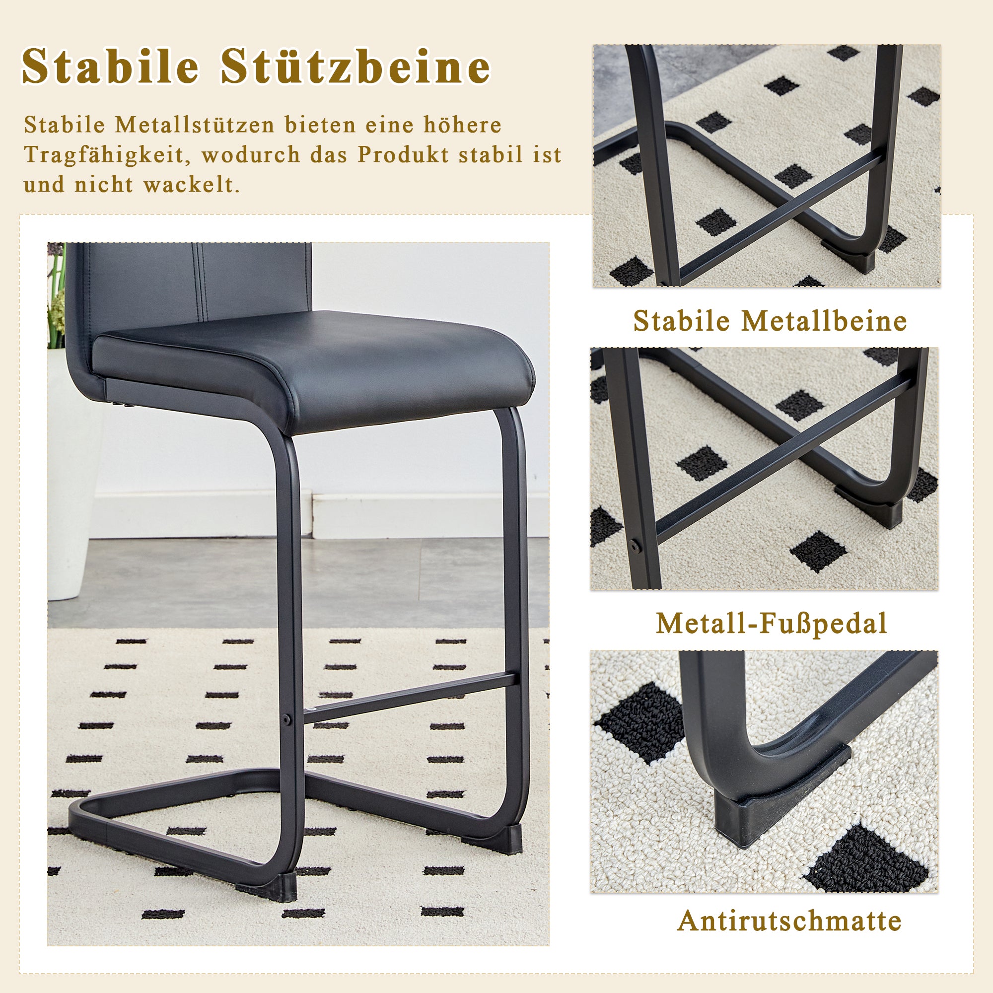 Nordic-Style Bar Stools, Set of 2, 96.5 cm Height, Black Faux Leather