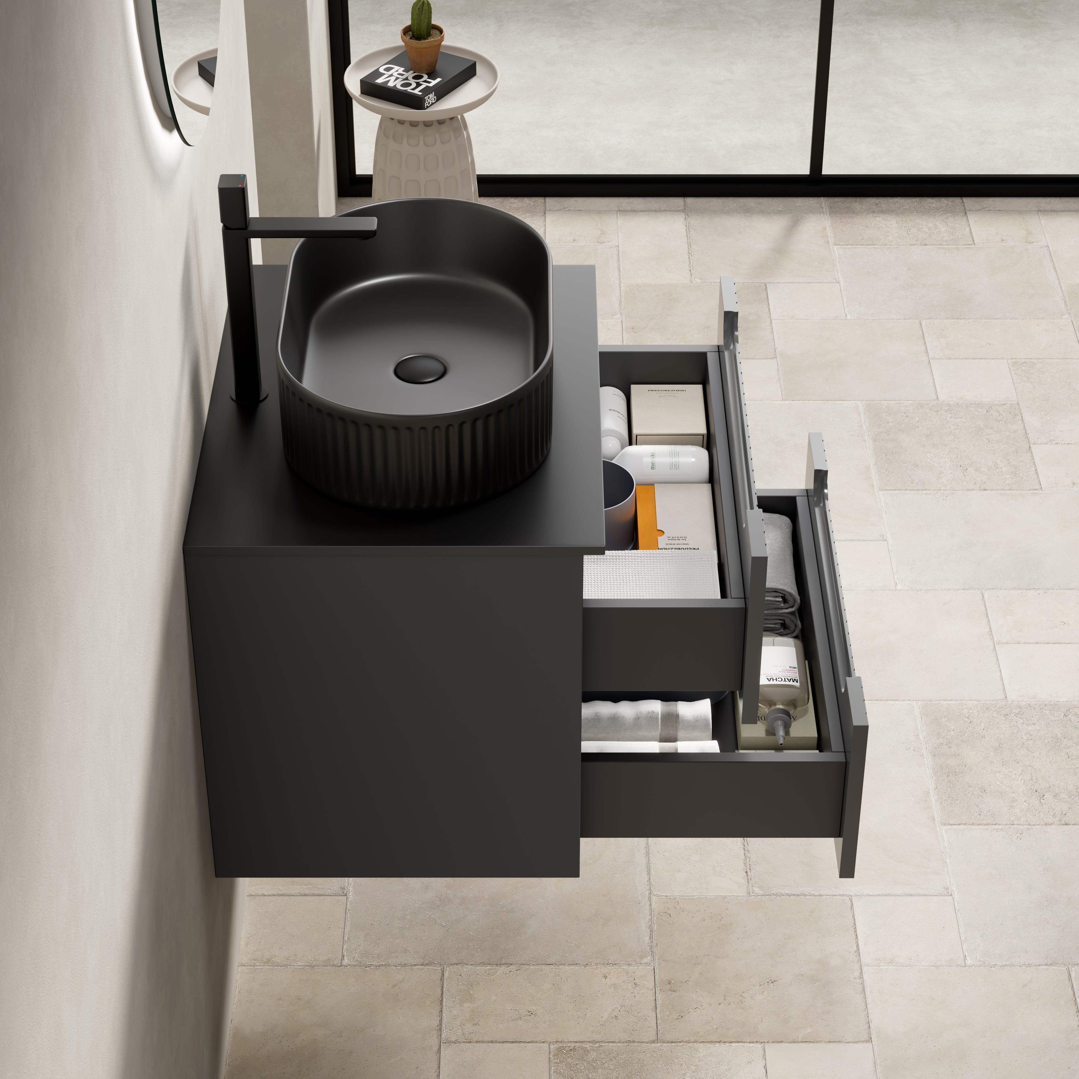 Floating Bathroom Vanity Unit with Oval Sink and Sintered Stone Top, Dark Grey
