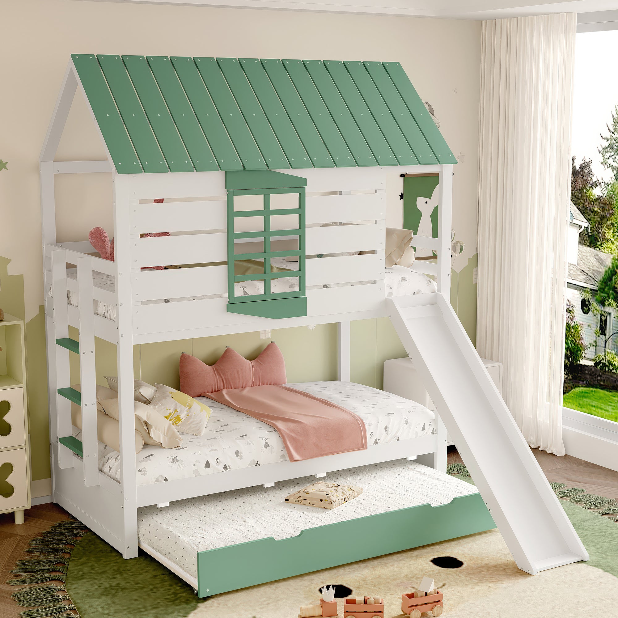 House Bunk Bed, 90X200 with Slide and Pull-Out Bed, White+Green