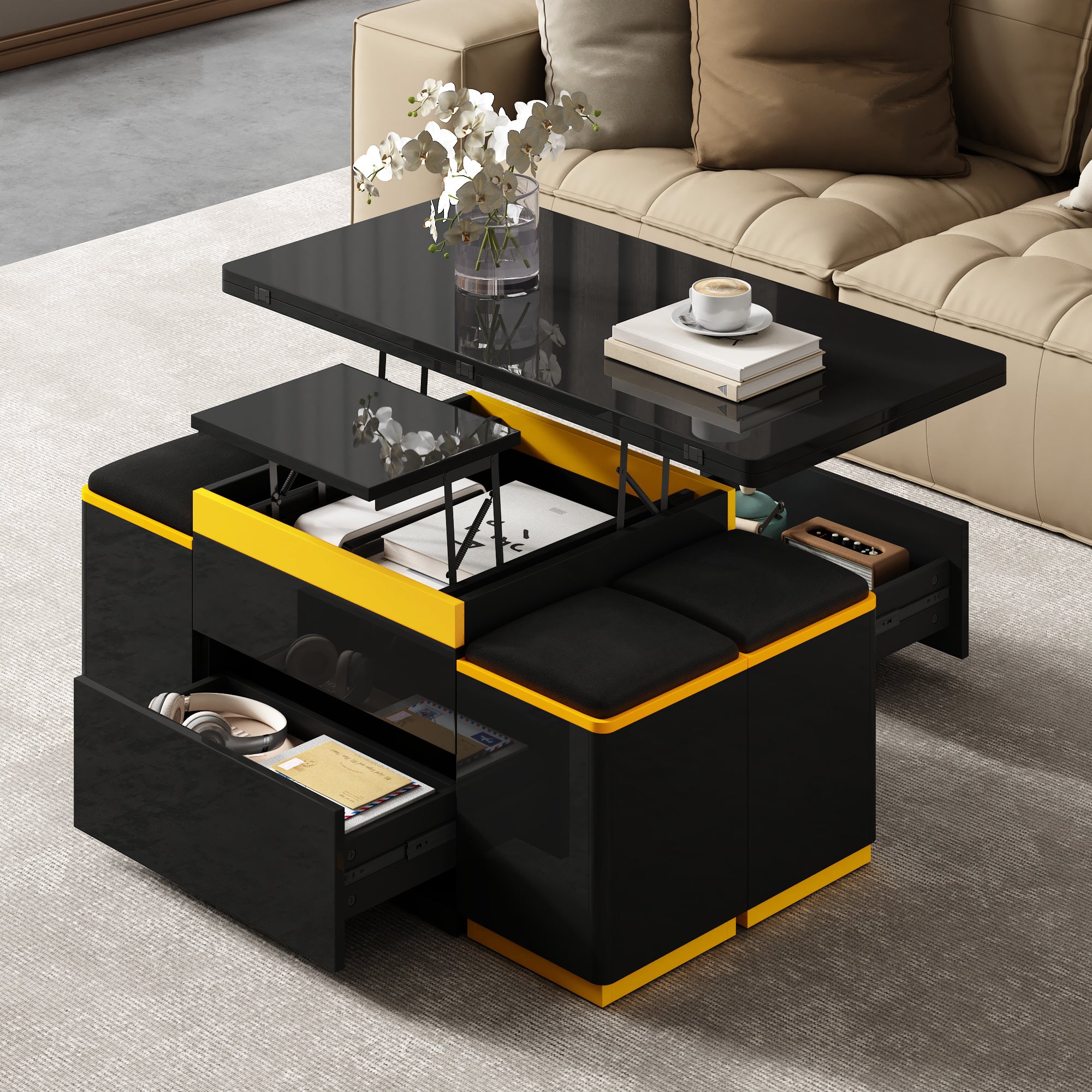 Coffee Table Multifunctional High-Gloss Height-Adjustable Foldable Dining 100x50x43cm - Black