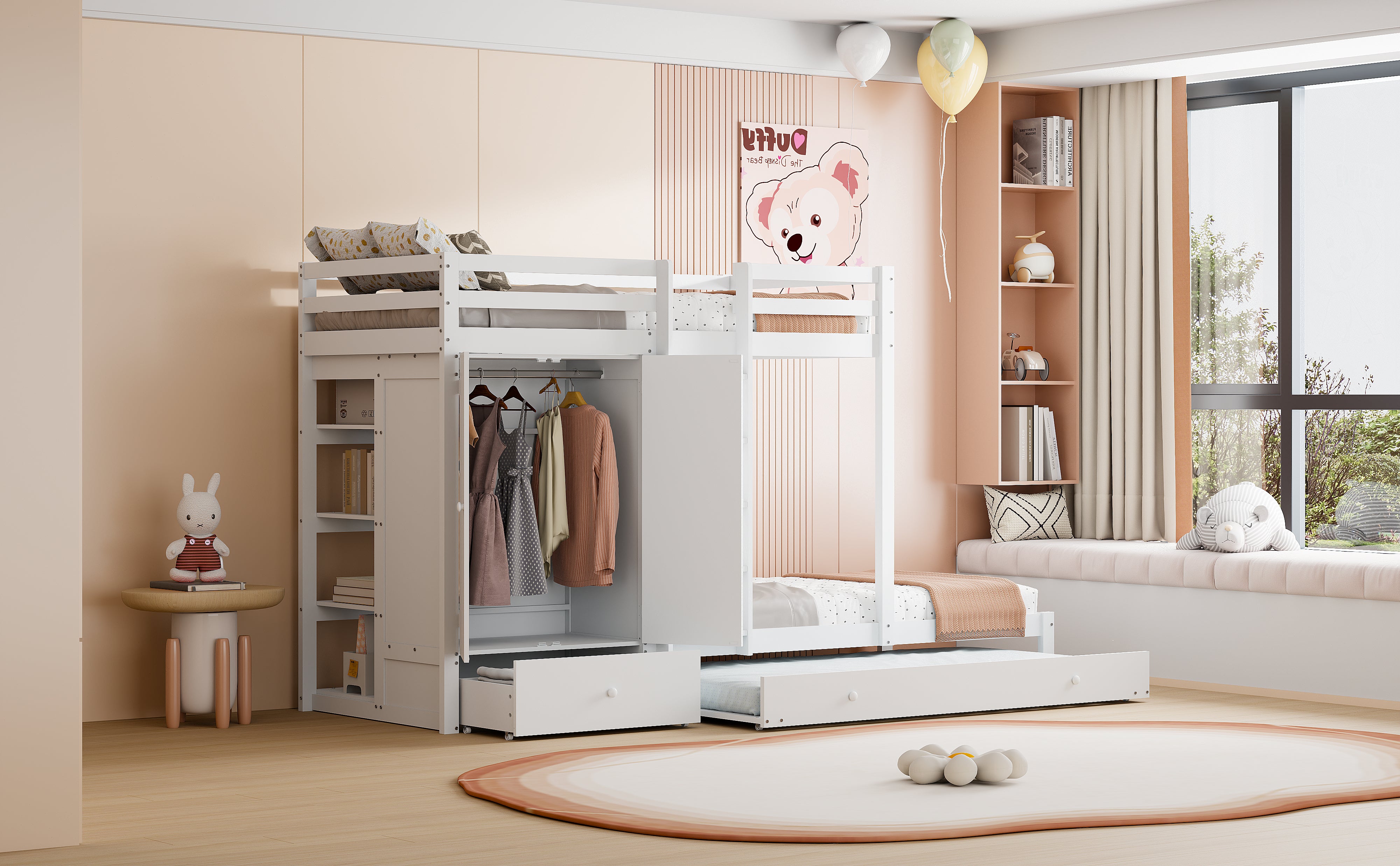 Bunk Bed 90x200 with Pull-Out Bed & Storage, Solid Wood, White