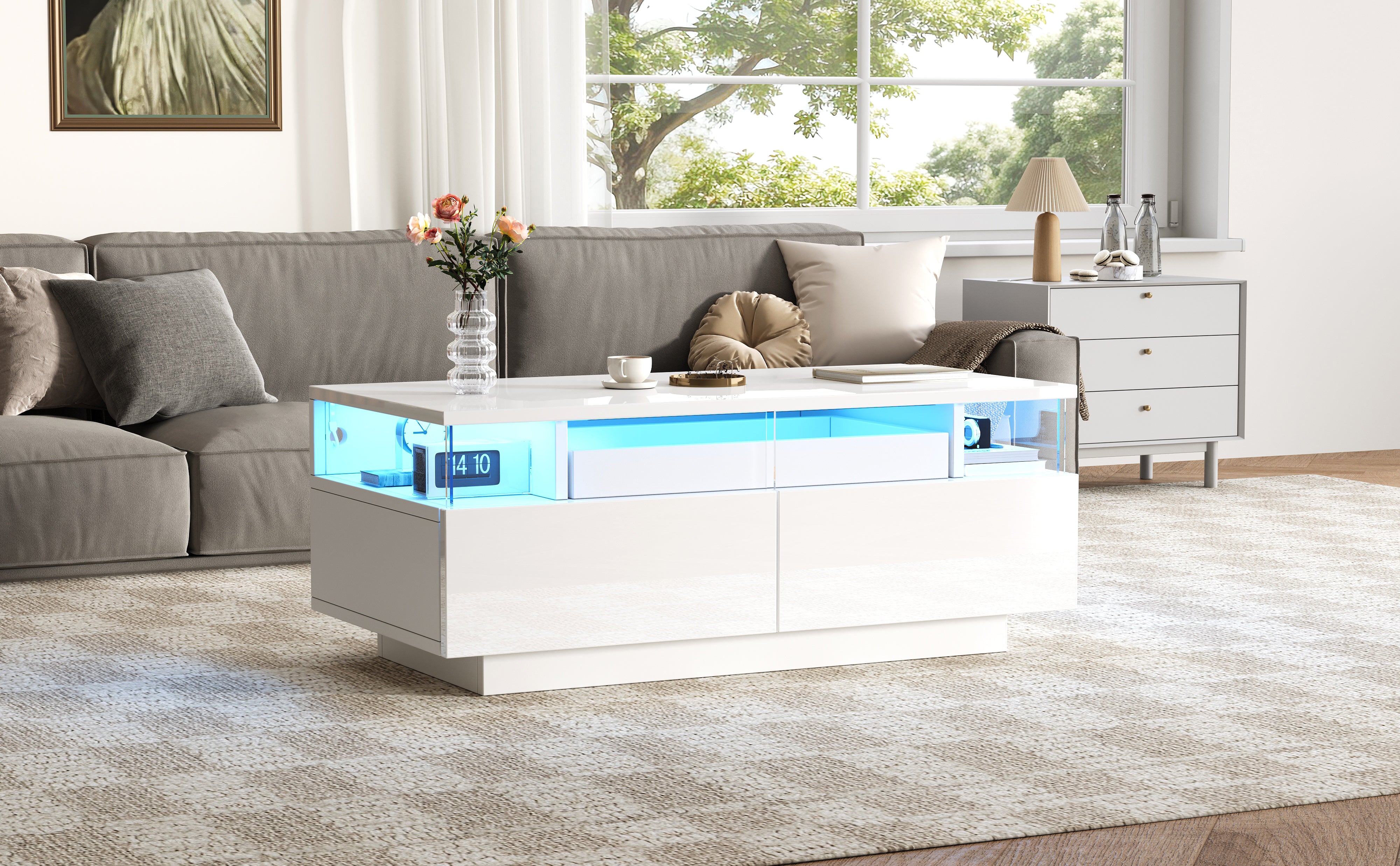 Coffee Table with Tray, 90 x 45 x 35.5 cm, 2 Drawers, Tempered Glass, LED Light, White