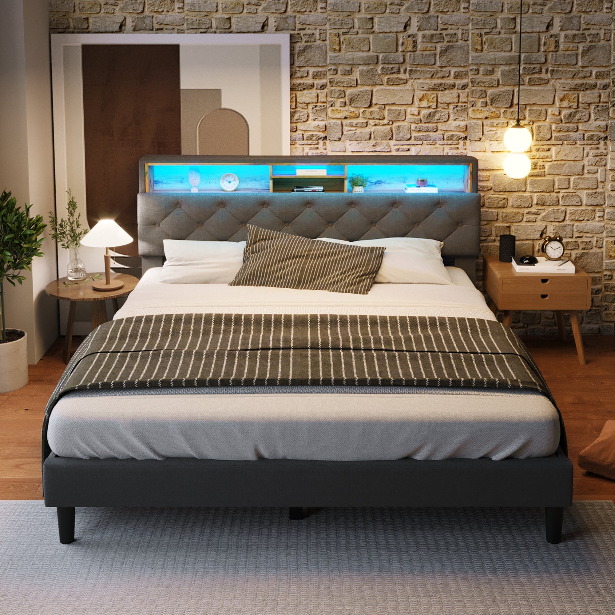 Upholstered Double Bed, Storage Headboard LED Lighting Wooden Frame 140x200cm, Grey