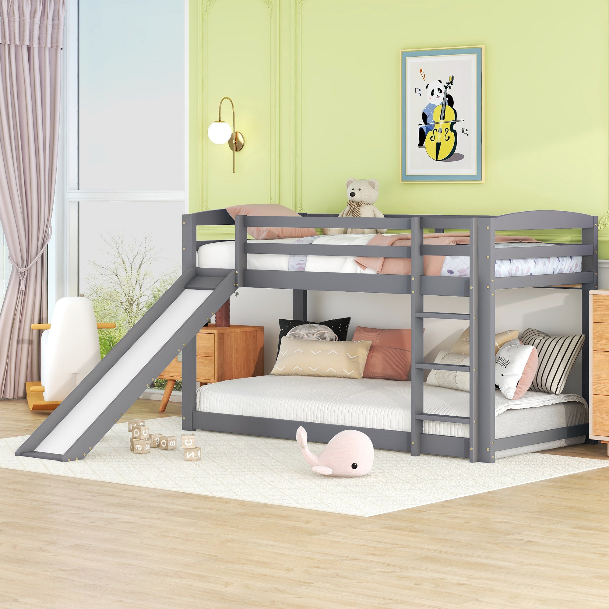 Bunk Bed 90x200cm with Slide Solid Wood Frame - Grey