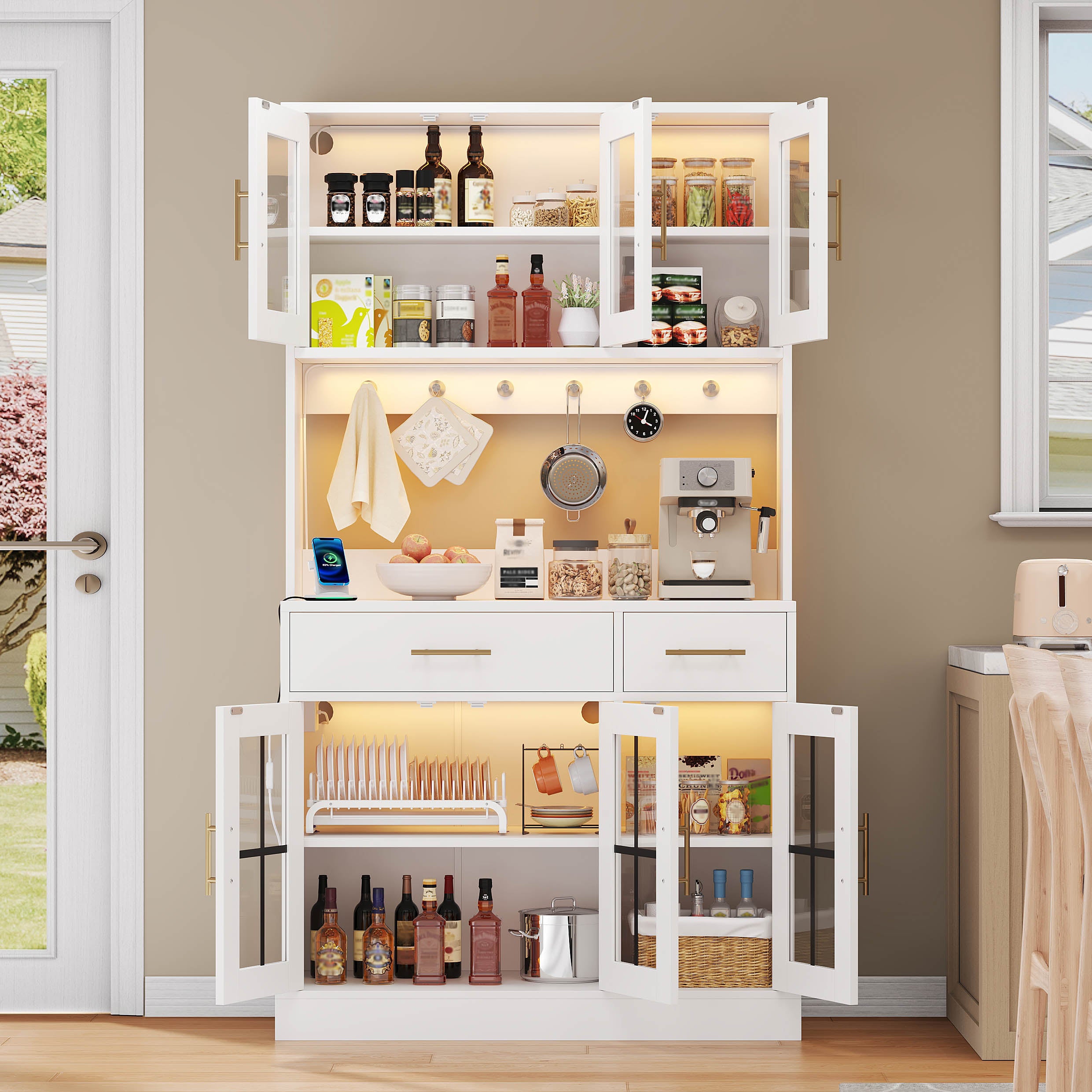 Kitchen Sideboard 180x100cm LED Socket 6 Doors 2 Drawers Adjustable Shelves - White