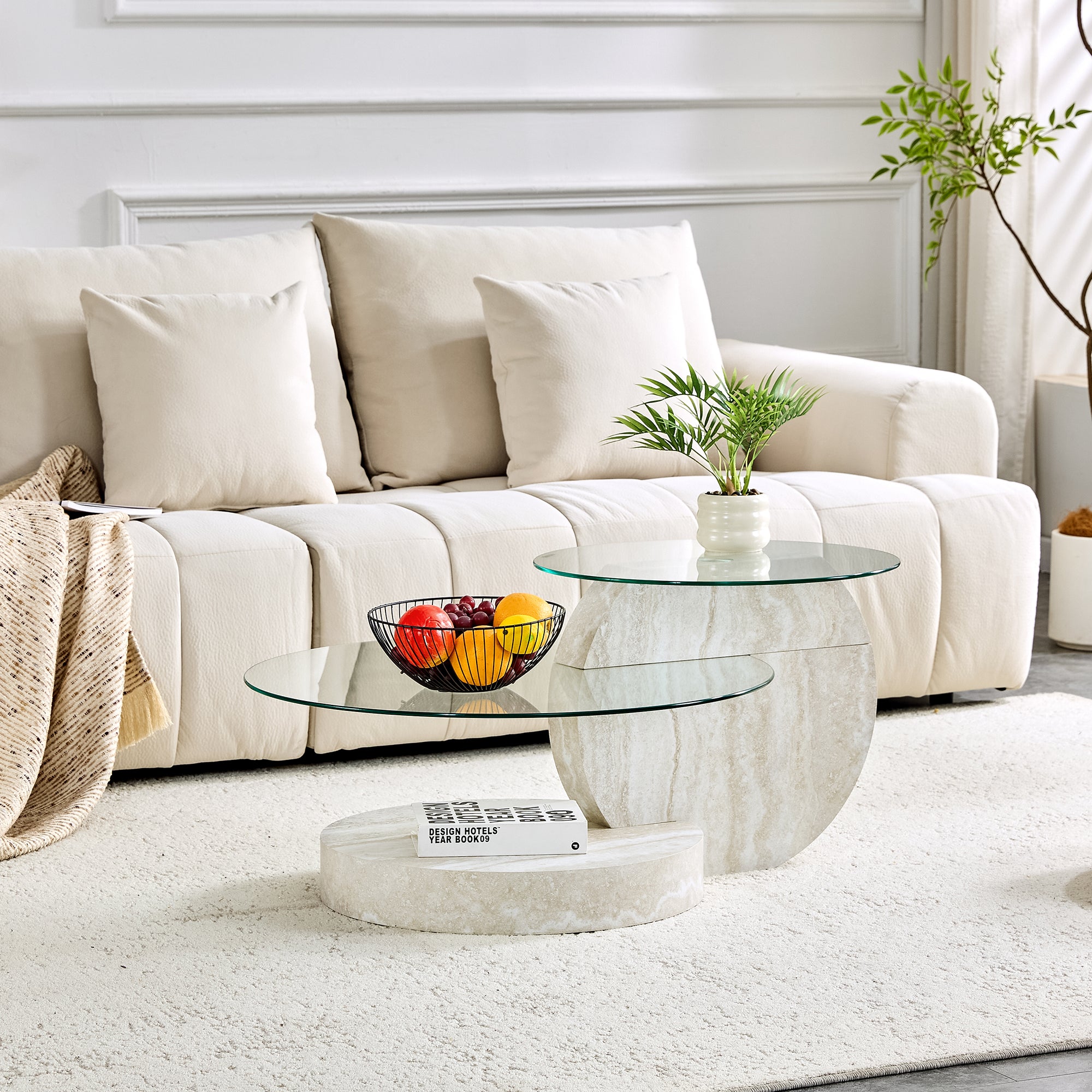 Modern Minimalist Coffee Table, Double-Layered Safety Glass and Multi-Tiered Design, Walnut Wood Grain Finish