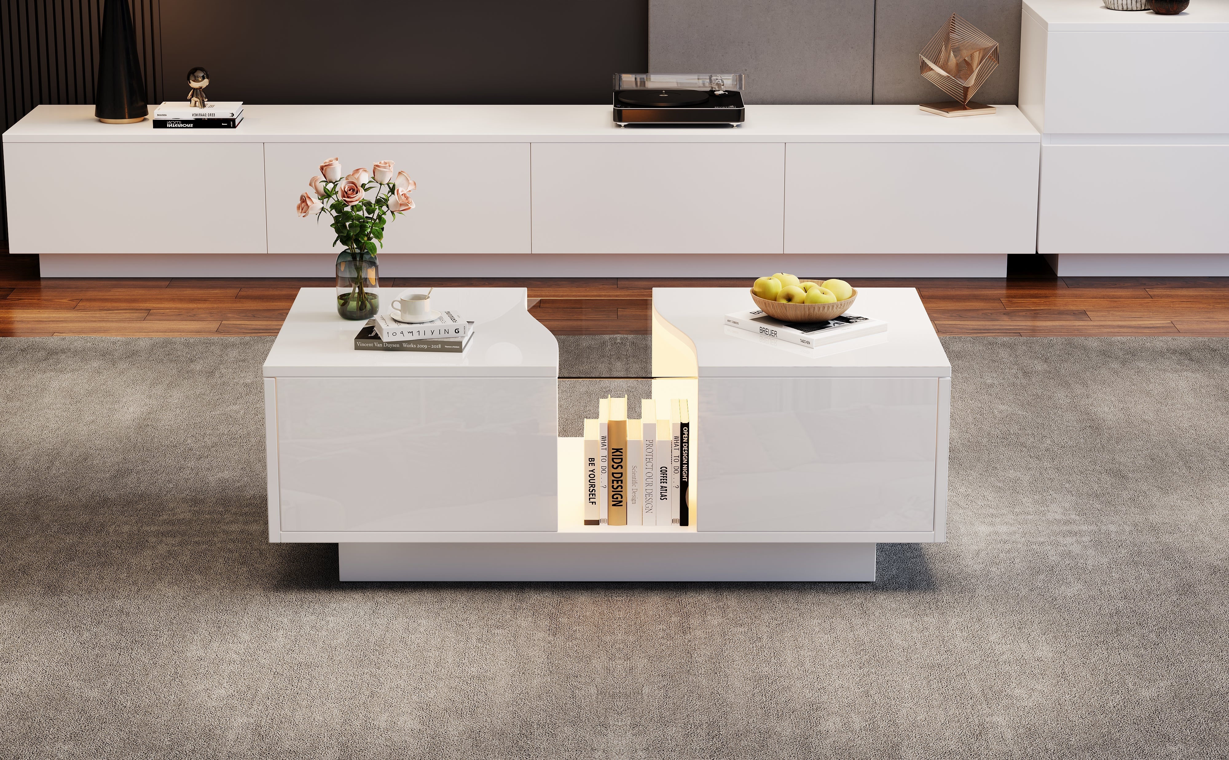 Led Coffee Table with 2 Drawer Storage, High Gloss with 16-Color Led Lights, White