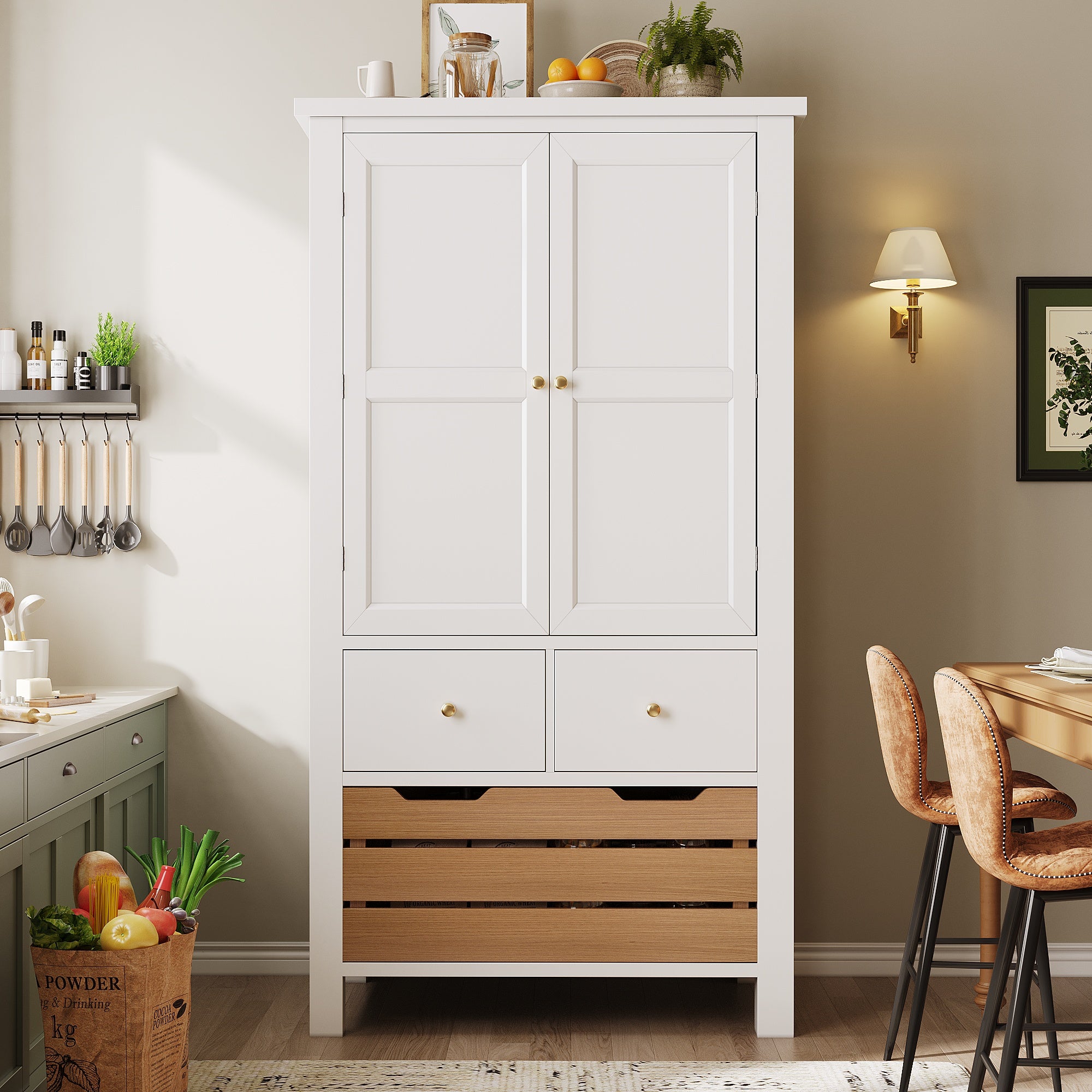 Tall Kitchen Cabinet Buffet 80x140cm Multi-Purpose Storage with 2 Doors & 5 Drawers Black/White