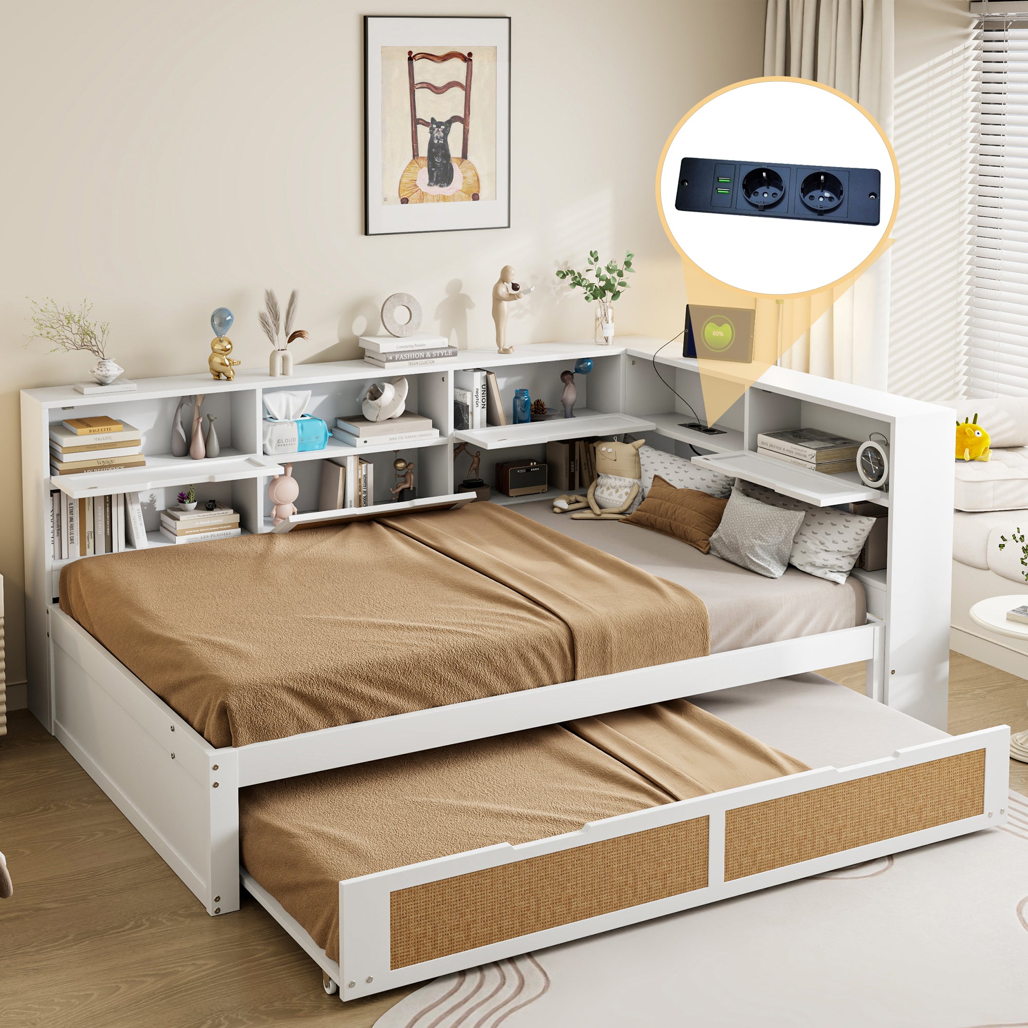 Sofa Bed, 140*200 Multifunctional with Pull-out & Storage, Wooden White