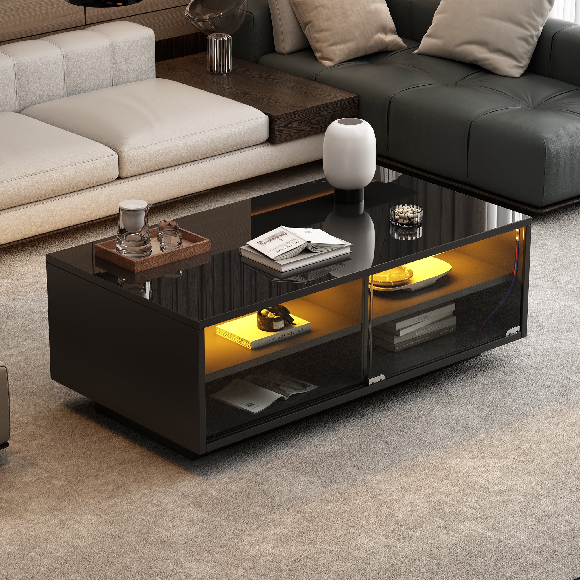 LED Coffee Table with 2 Drawers and Tempered Glass Door, Black High-Gloss