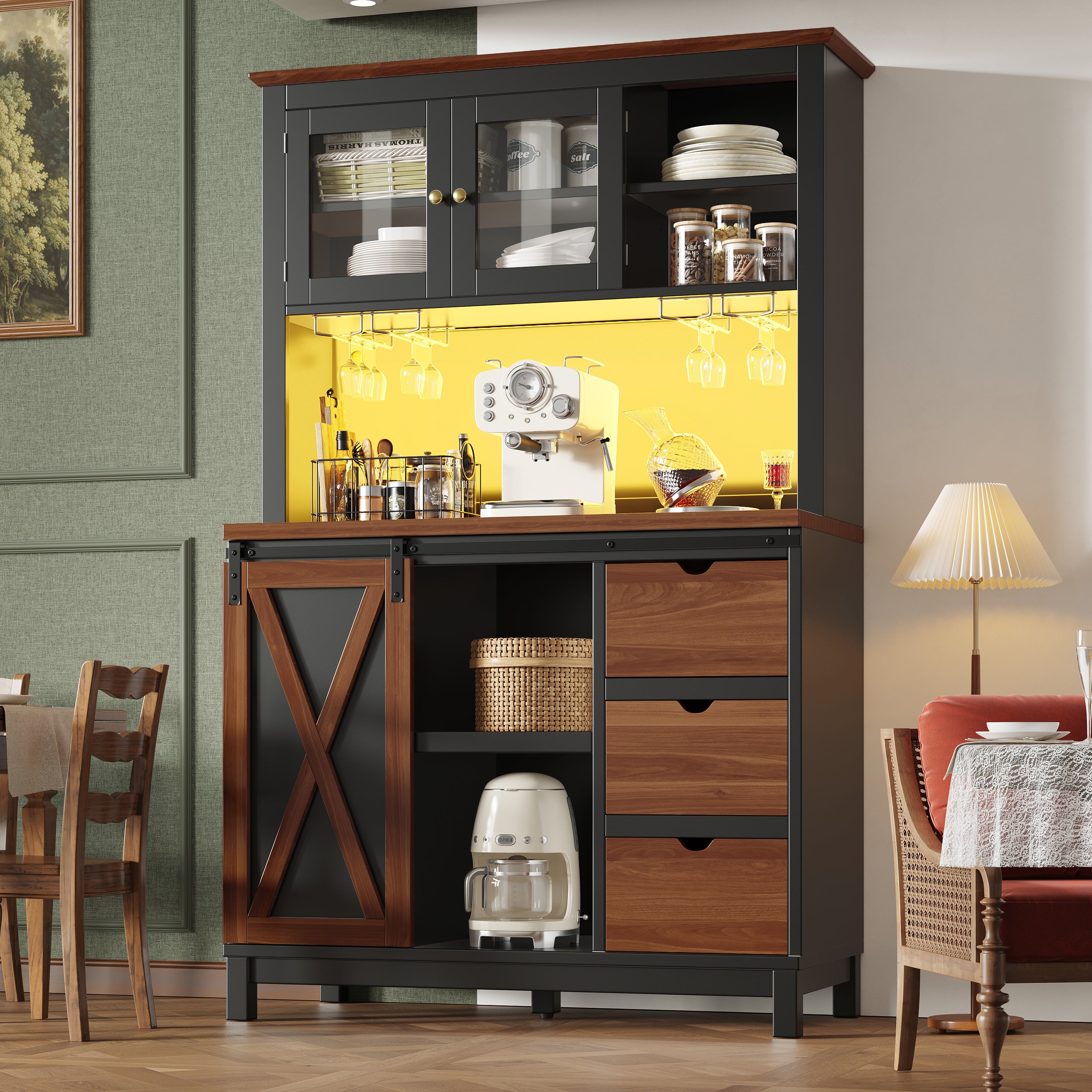 Modern Tall Sideboard Cabinet with LED App Control and Sliding Door, Black