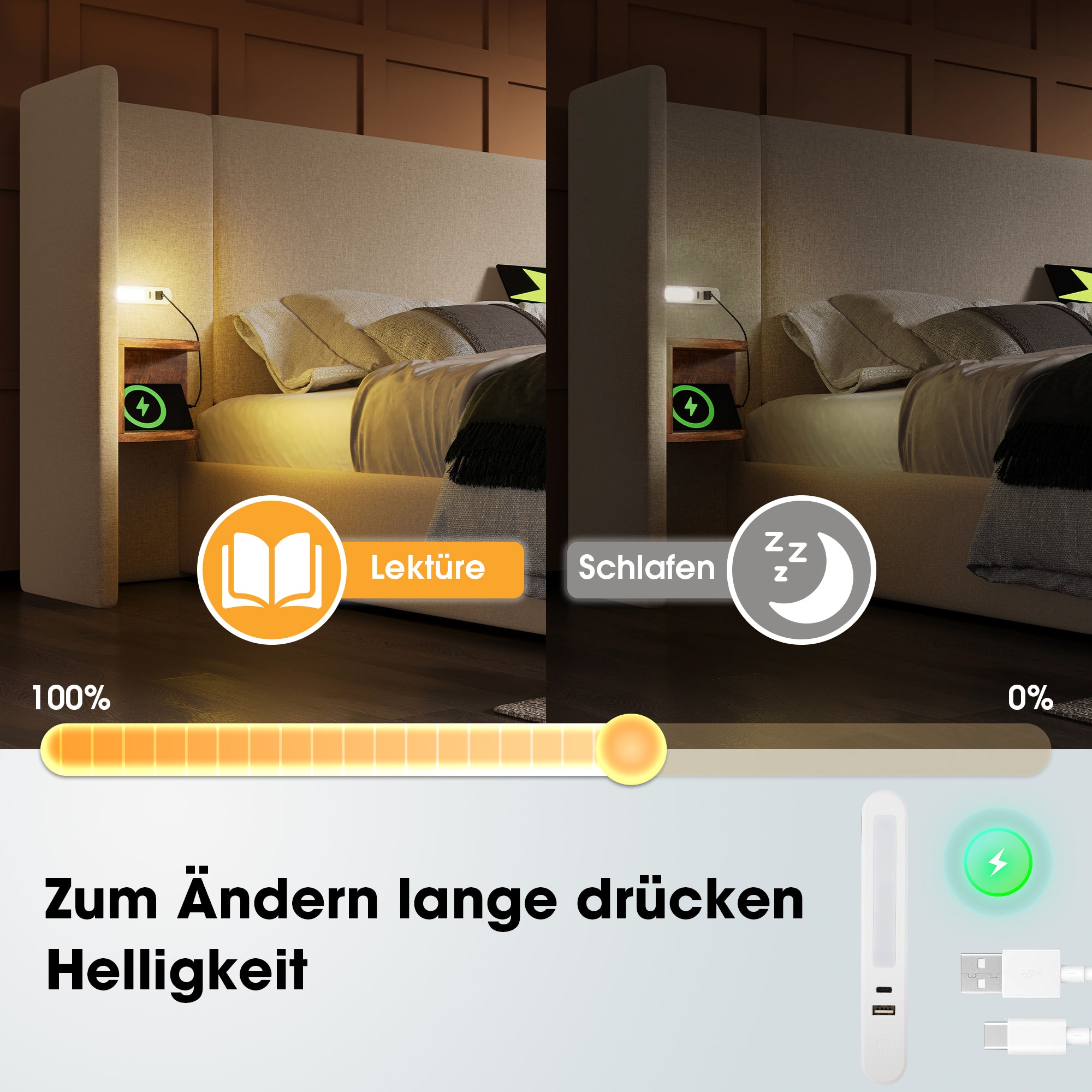 Upholstered Double Bed, 160x200, with Bedside Table, Reading Lamp & USB-C Charging, Beige Linen