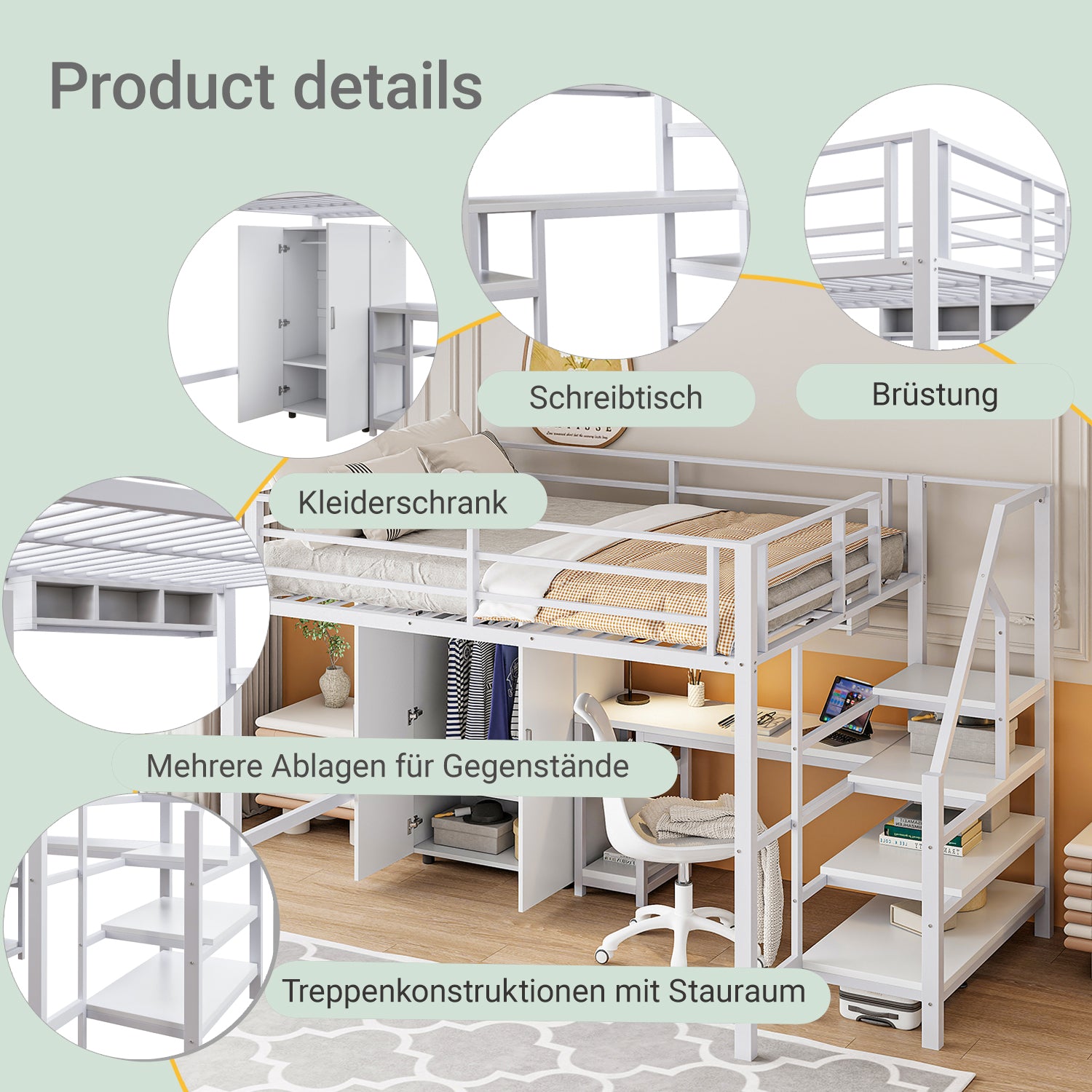 Loft Bed 140x200cm Wardrobe Desk Storage Ladder Shelves - White