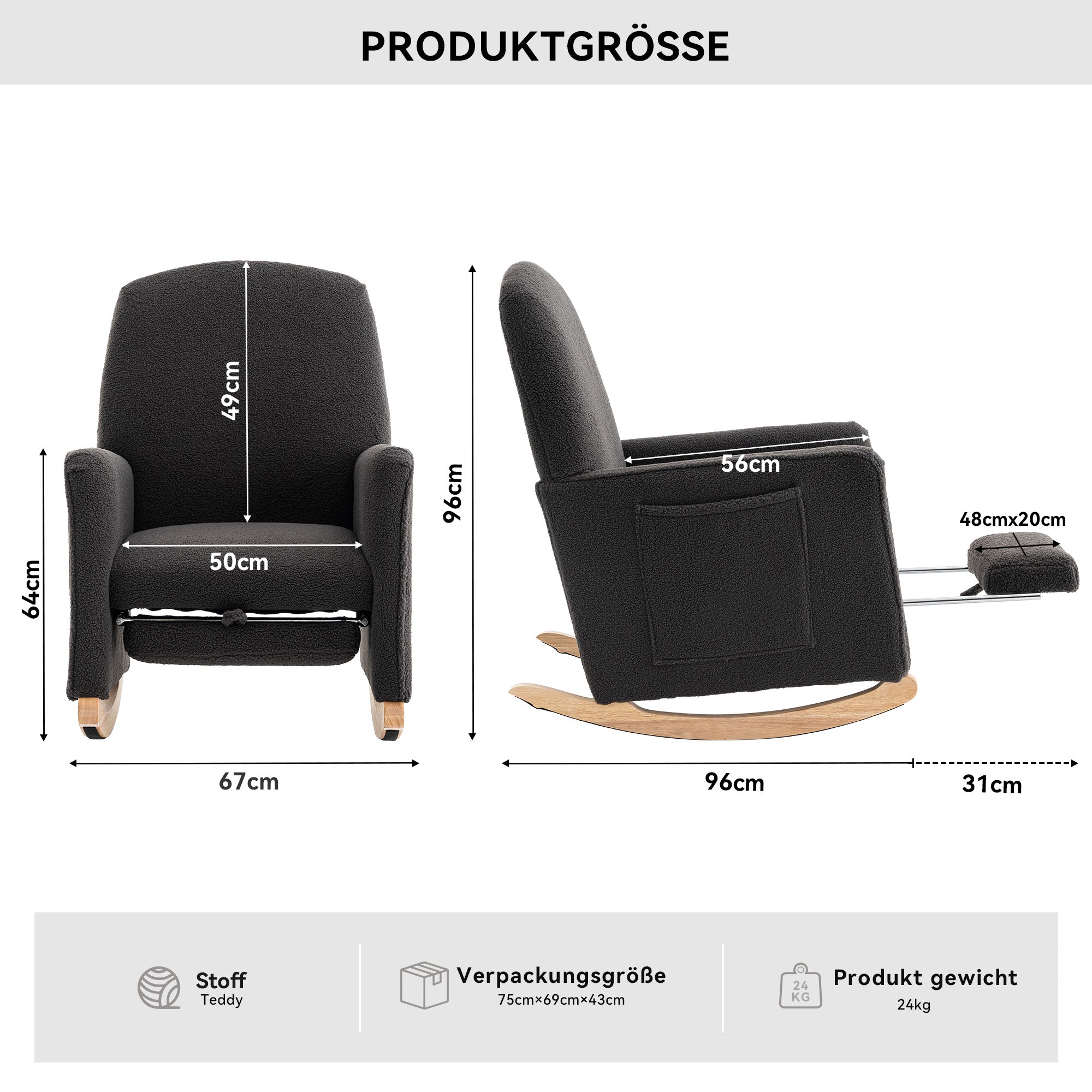 Rocking Chair with Stool, Recliner, High Back, Dark Grey Teddy Fabric