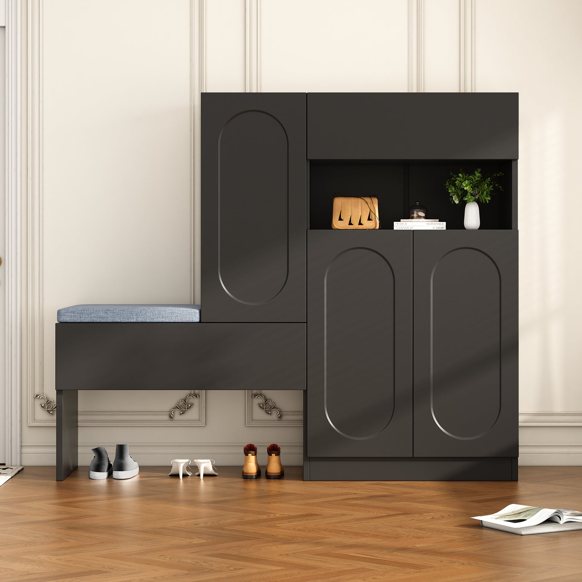 Trendy 2-in-1 Shoe Cabinet with Curved Doors, Soft-Close, Adjustable, Upholstered Bench, Black