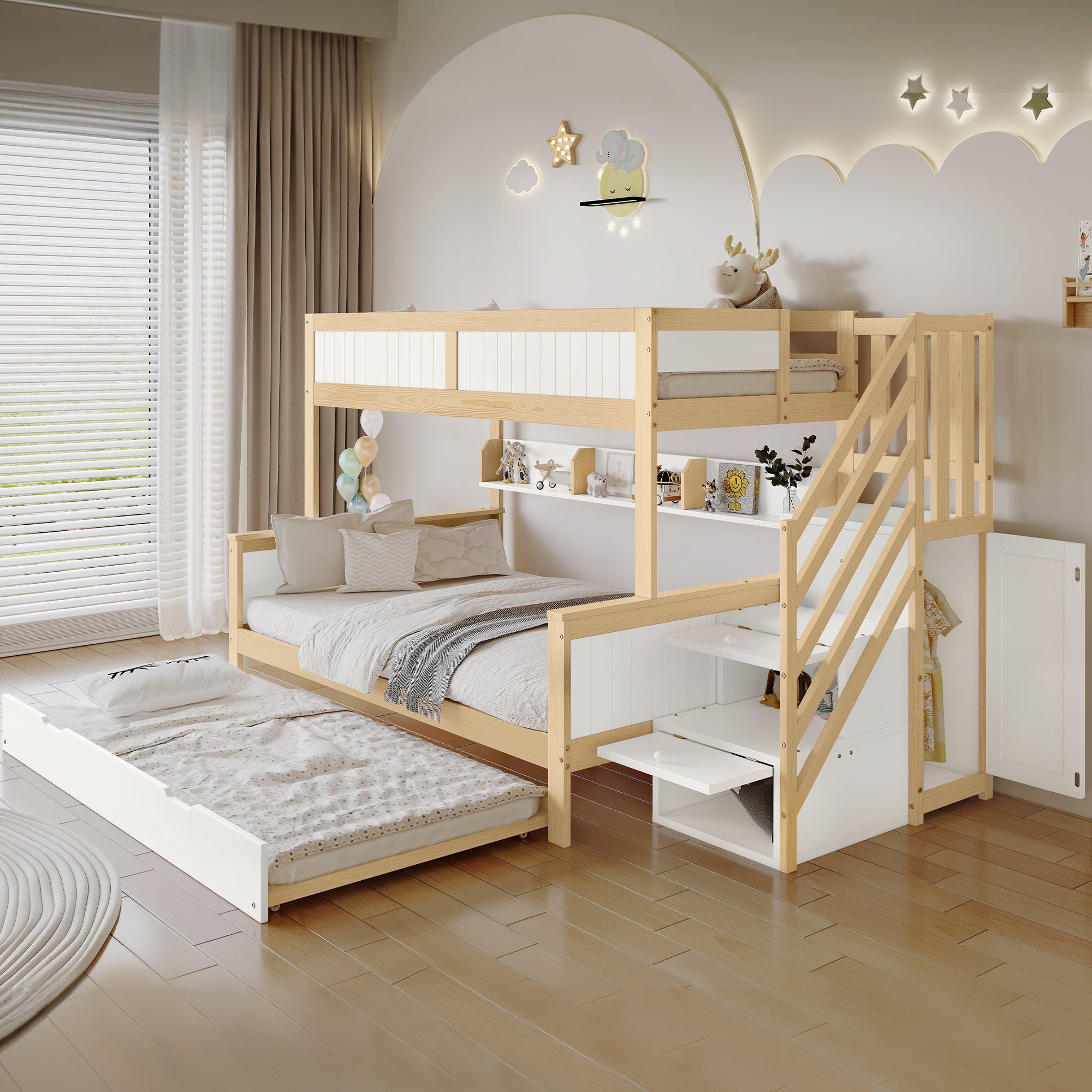 Bunk Bed, Trundle & Wardrobe, Corner Stairs, Pine+MDF, White+Natural