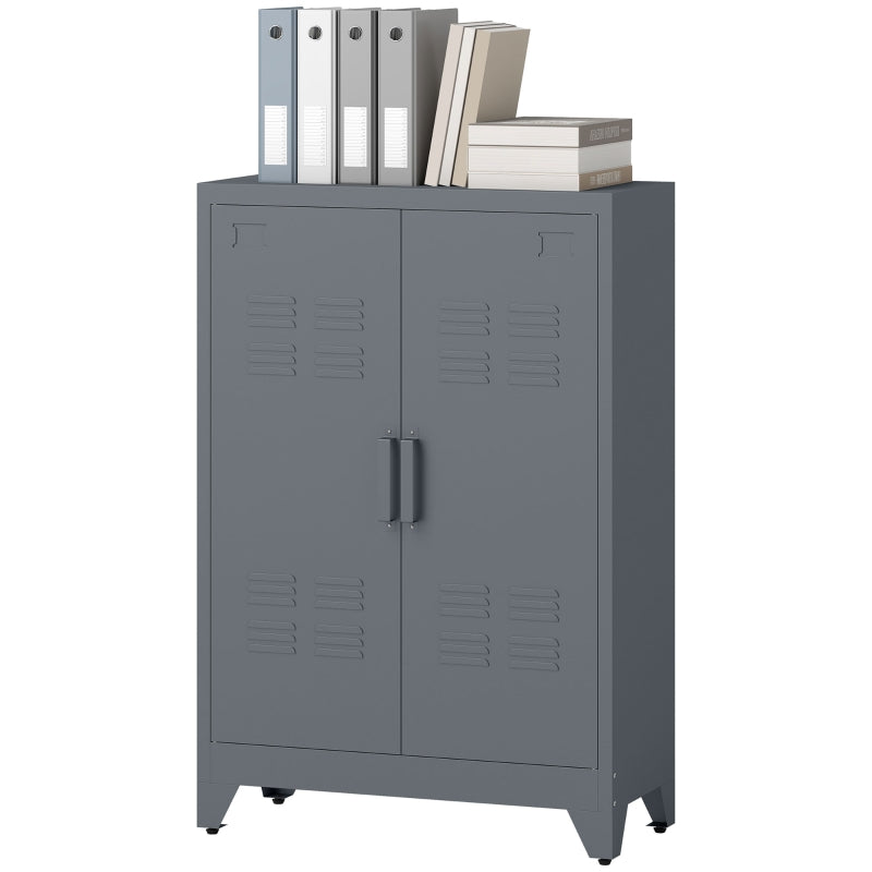 Filing Cabinet with Louvre Doors, Metal with 2 Adjustable Shelves, Grey