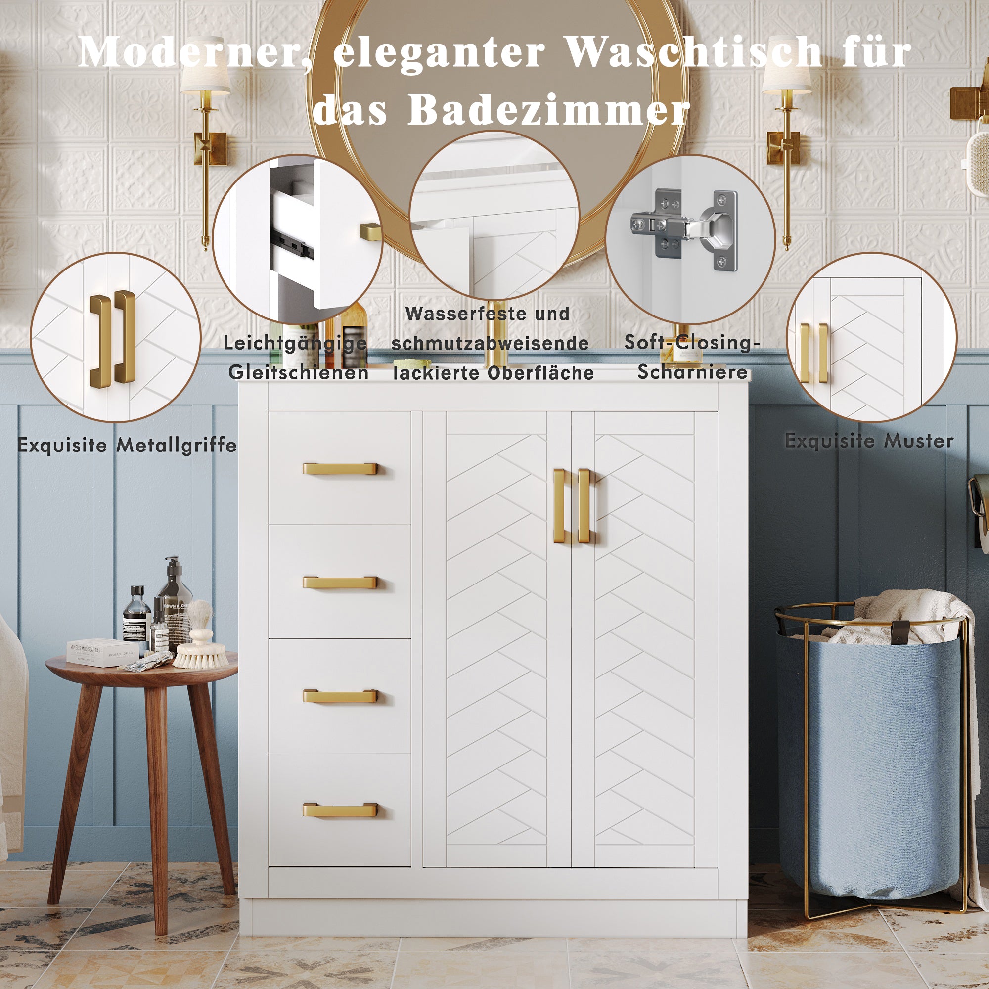 Bathroom Vanity Unit with Ceramic Sink and 3 Drawers, White