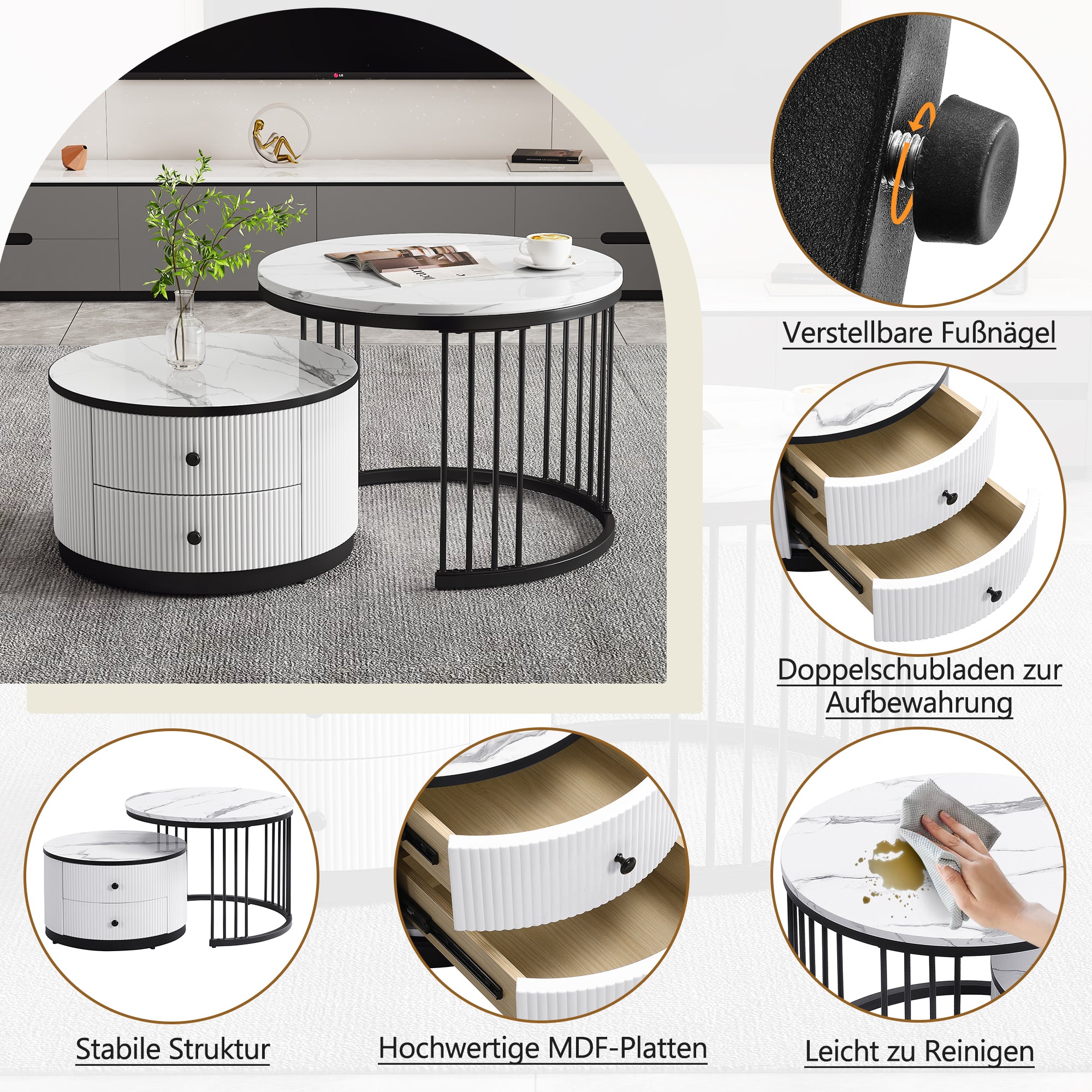 Coffee Table Set, Round Nesting with Drawers, White Marble Look