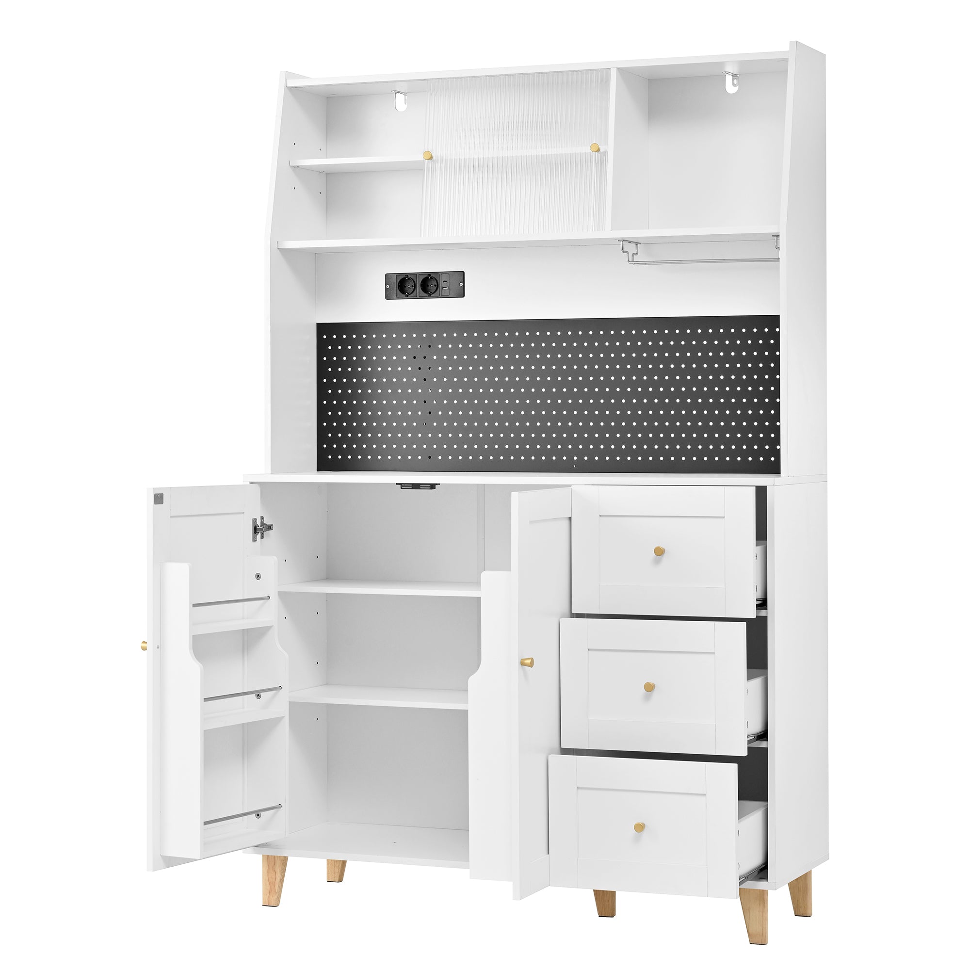 Tall Cabinet Pegboard Wine Glass Holders Sockets Storage Drawers - White