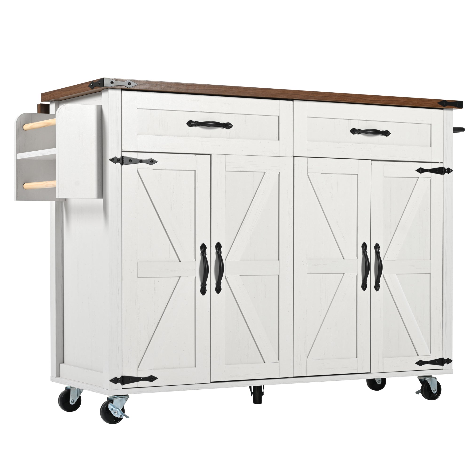 Kitchen Island Serving Trolley, Pull-Out Worktop Storage with 4 Doors and 2 Drawers, Wood Grain