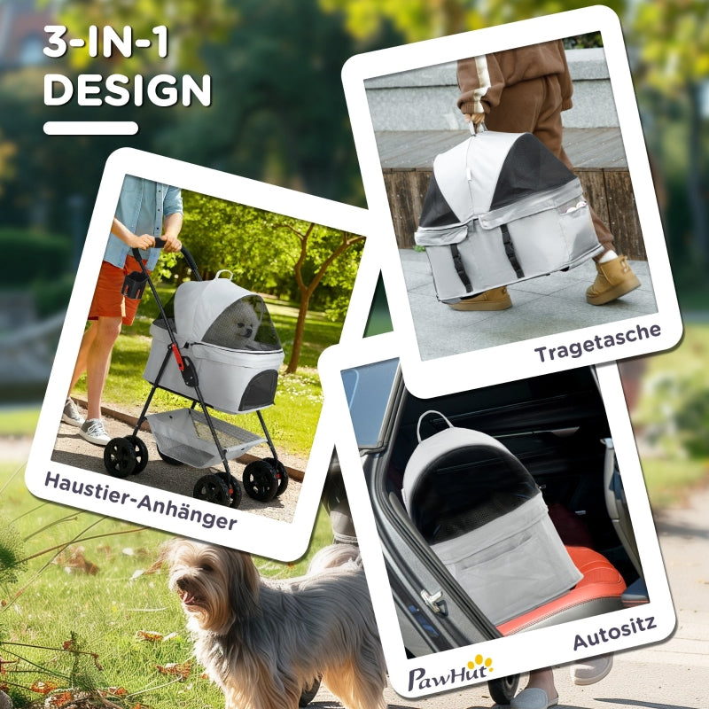 3-in-1 Pet Stroller, Folding Dog Cart with Removable Carrier, Grey