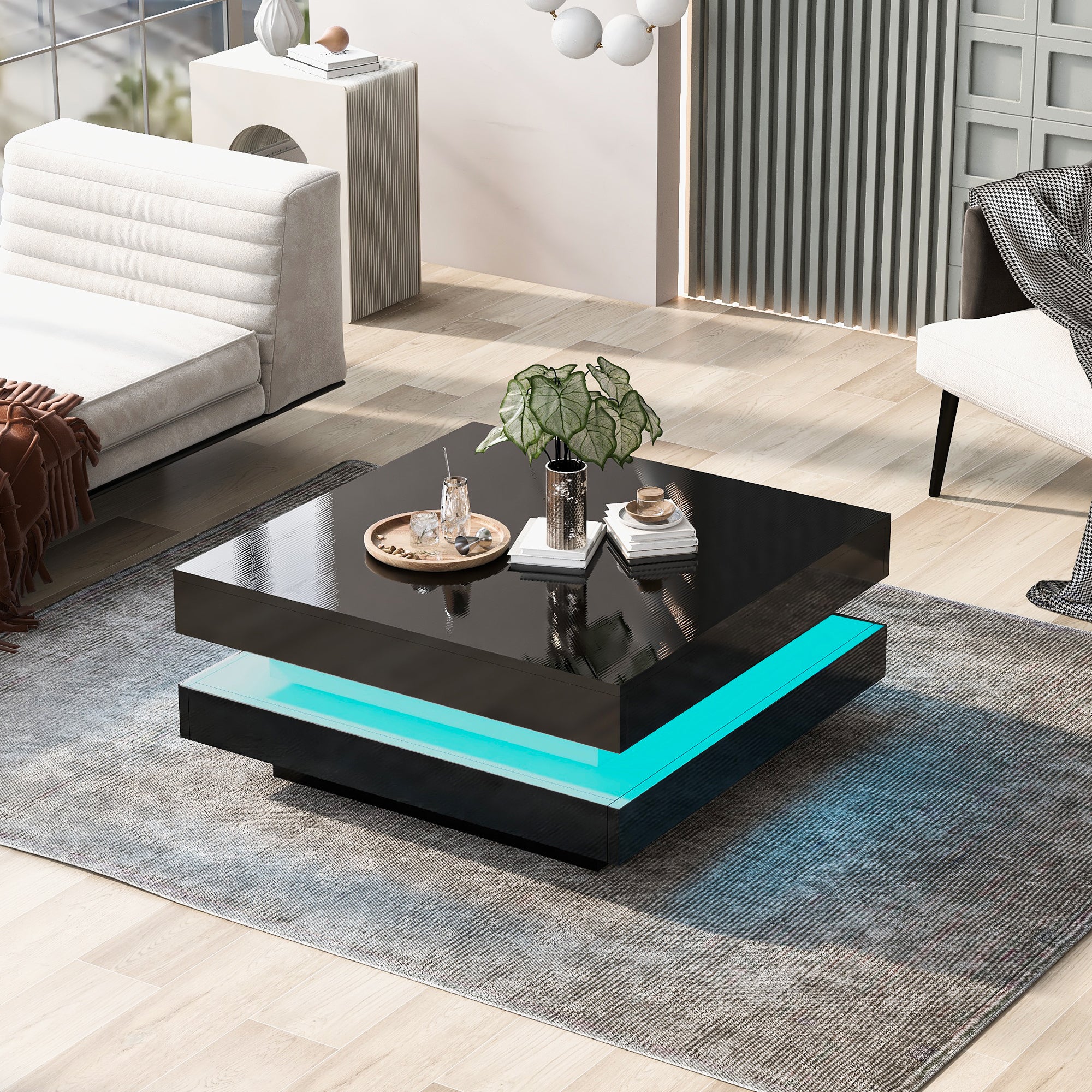 Square Coffee Table Rotating Top 16 LED Lights - High-Gloss Black