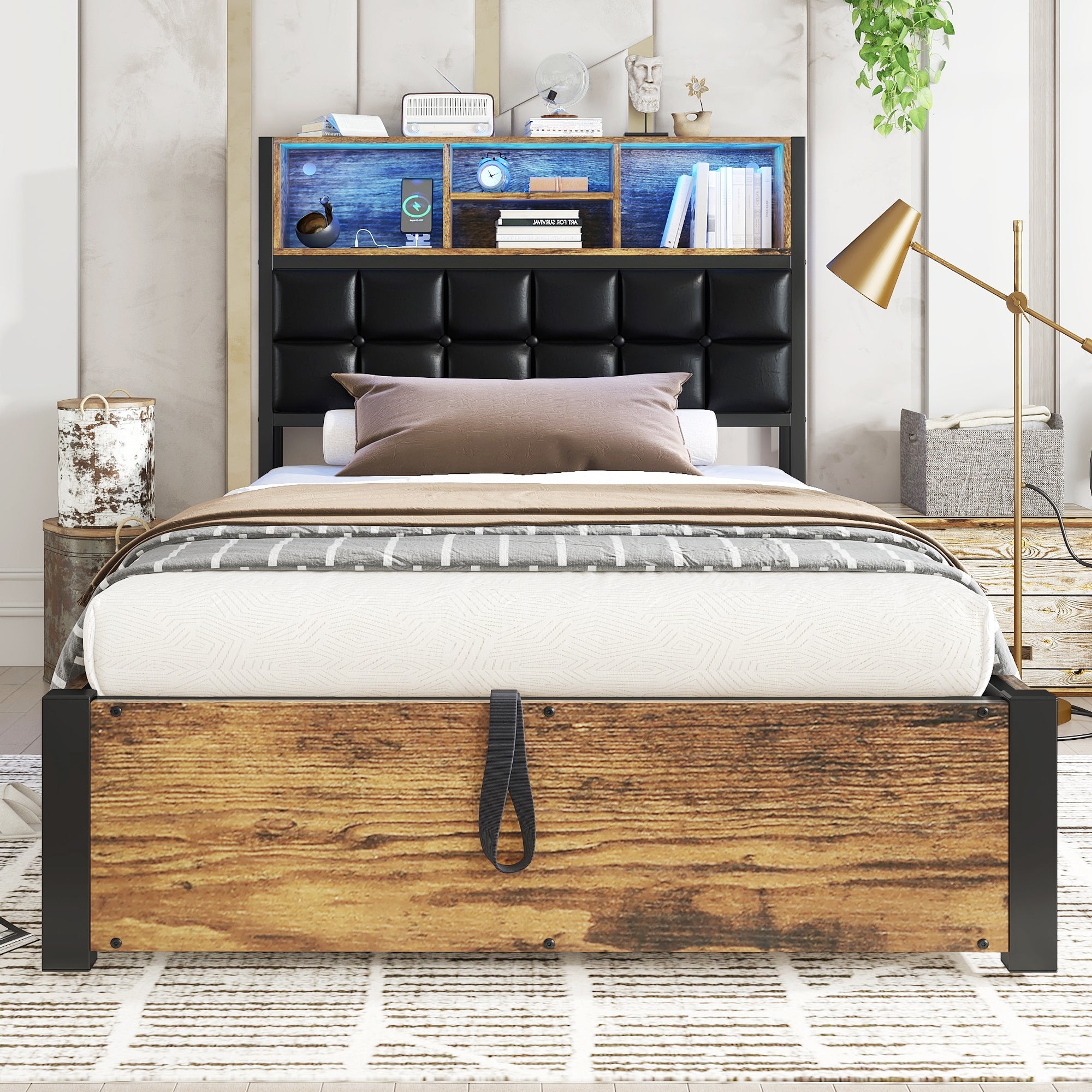 Hydraulic Metal Bed with Charging Port, LED Light, and Storage Headboard, Black + Wood