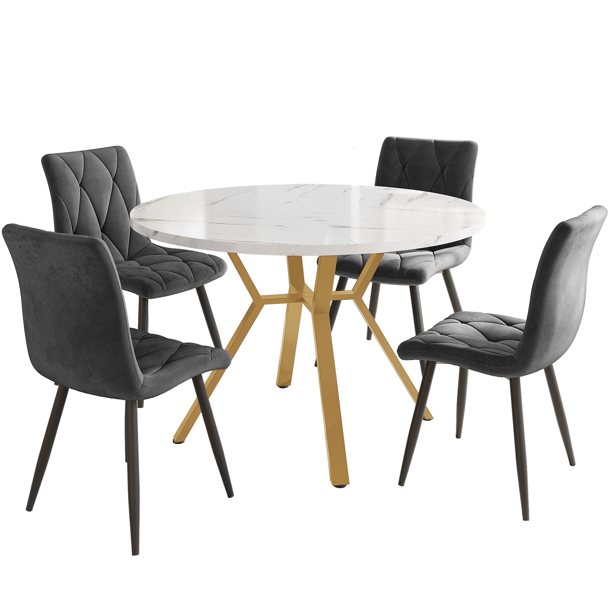 Dining Table Set, 5-Piece Round with Marble Top & Velvet Chairs, Gray