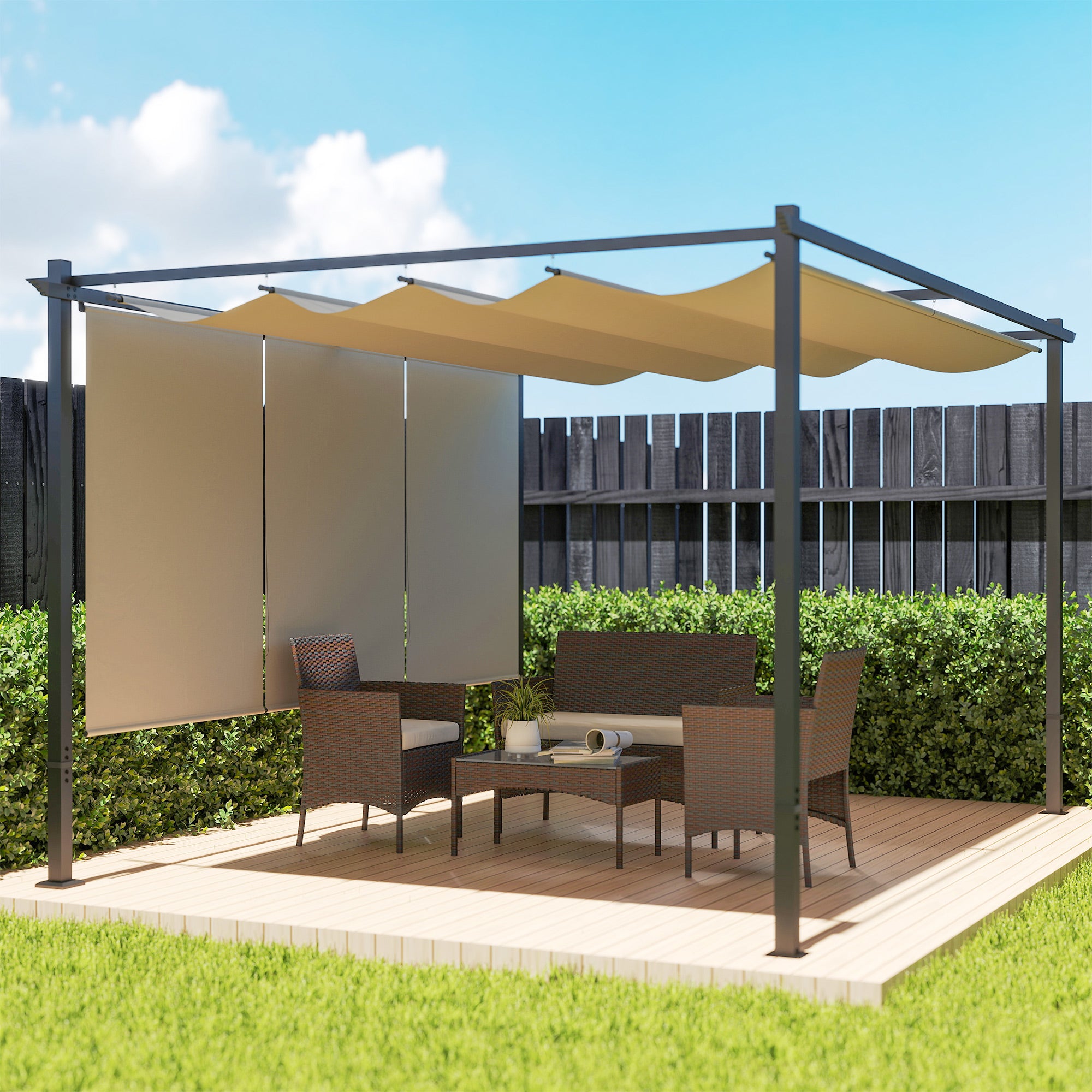 Metal Pergola 3 x 4m Retractable Roof Roller Shade Canopy UPF30+ Beige