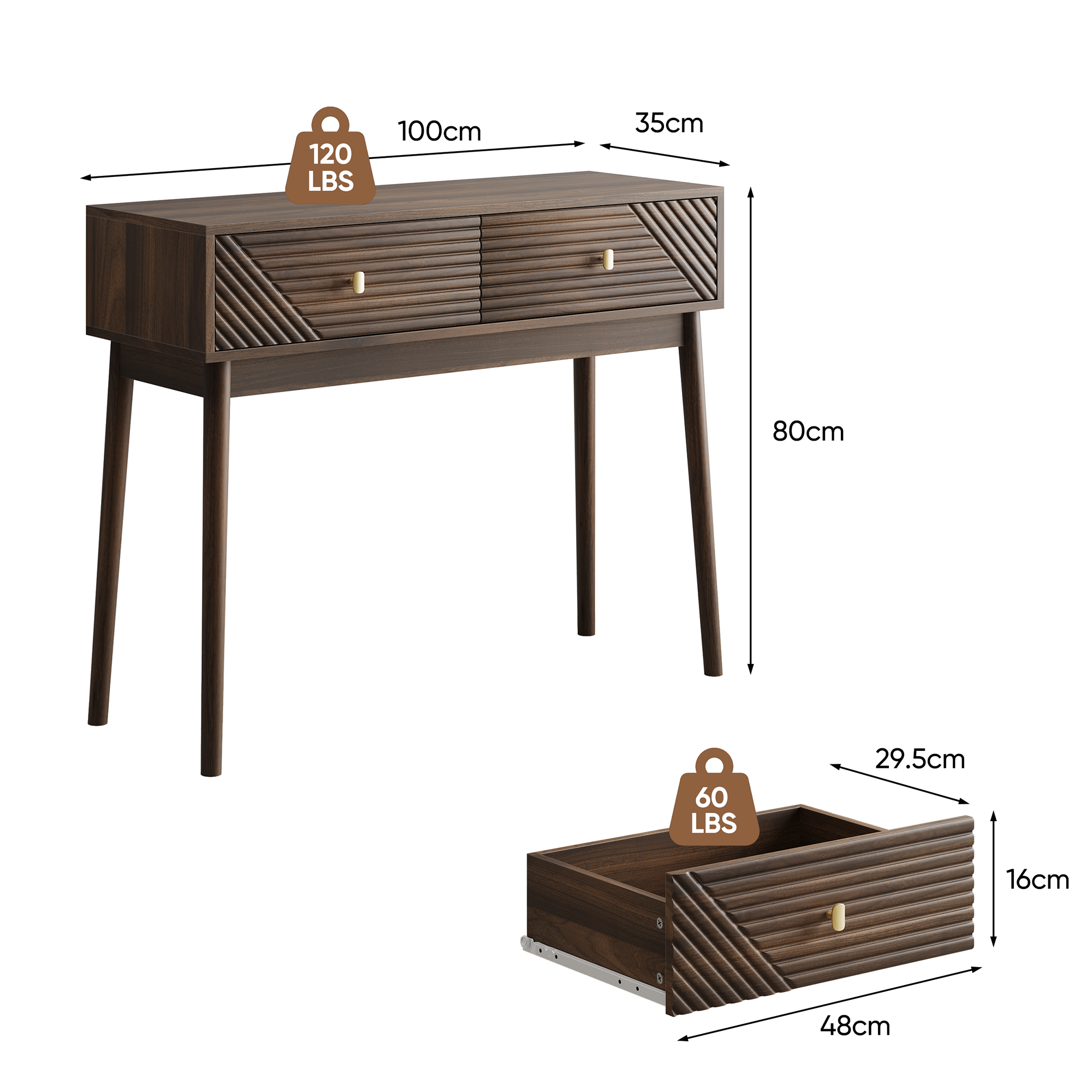 Desk, Console Table with Drawers and Open Shelves, Walnut