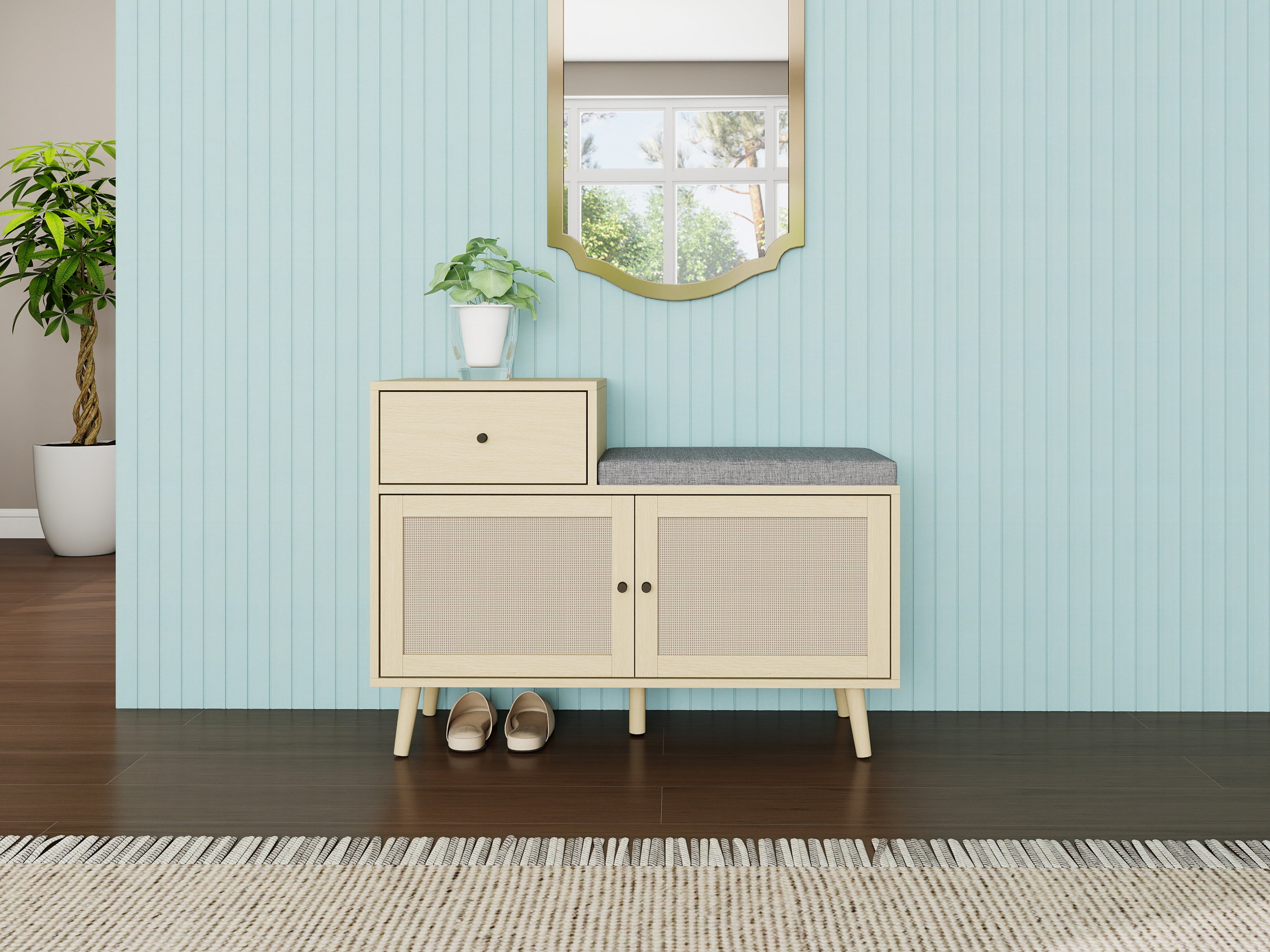 Boho Shoe Bench with Rattan Double Doors, Drawer, Padded Seat, Wood Look