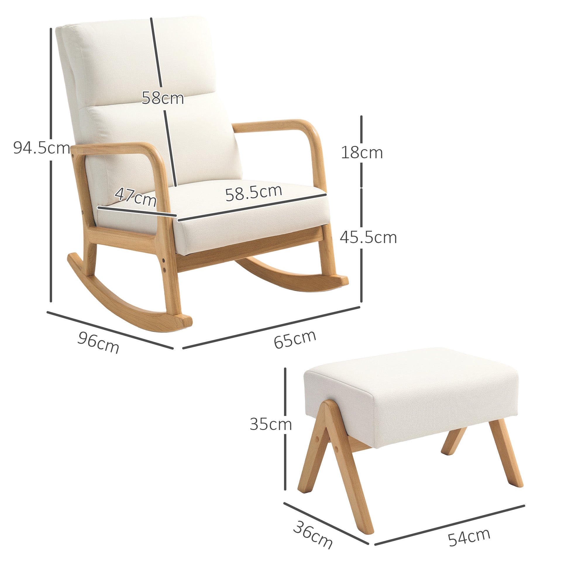 Rocking Chair Footstool Recliner Wooden Legs Linen Look Cream White
